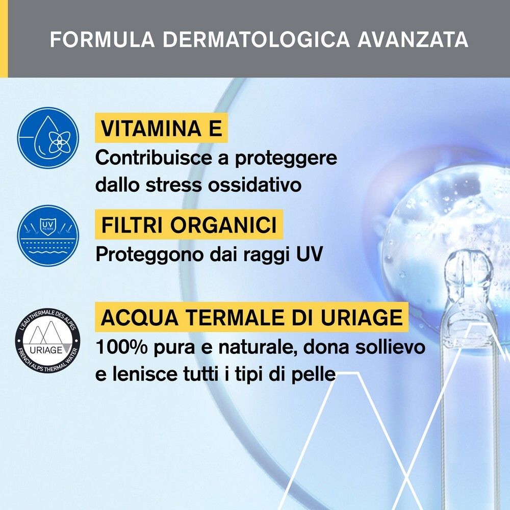 Grafica con ingredienti: Vitamina E, filtri organici, Acqua Termale di Uriage.