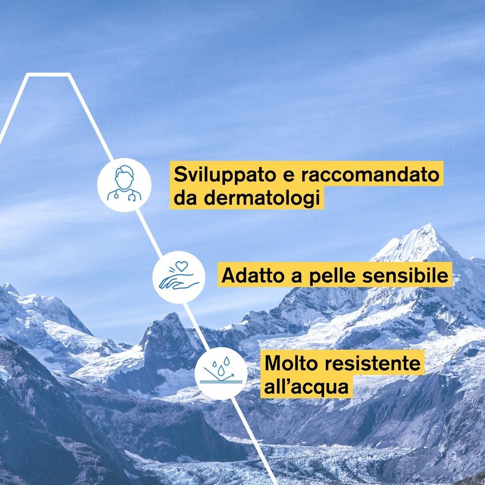 Grafica con testo: Sviluppato da dermatologi, adatto alle pelli sensibili, resistente all'acqua.