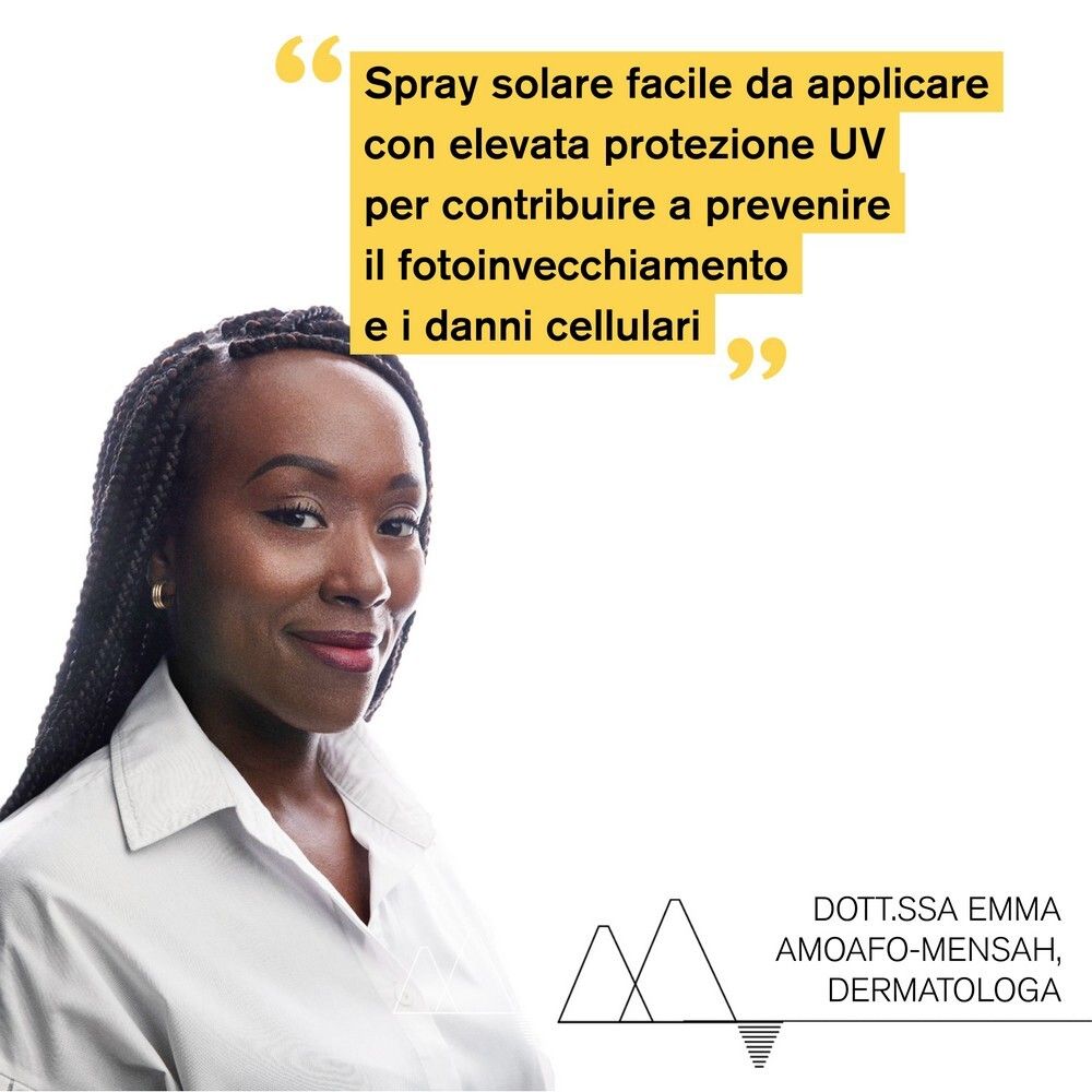 Ritratto di una donna. Citazione: Spray solare facile con alta protezione UV per prevenire i danni alla pelle.