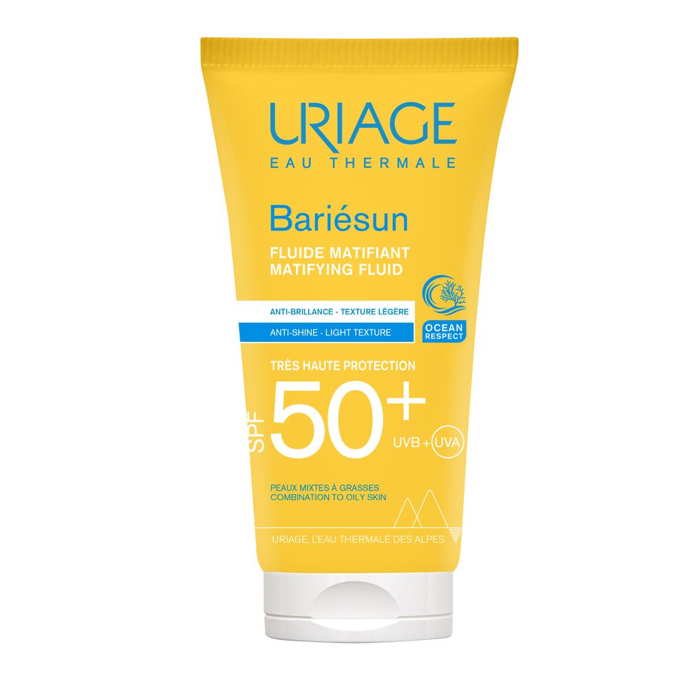 Tubo giallo URIAGE Bariésun Mat Fluido SPF50+. Testo e loghi. Tappo bianco.