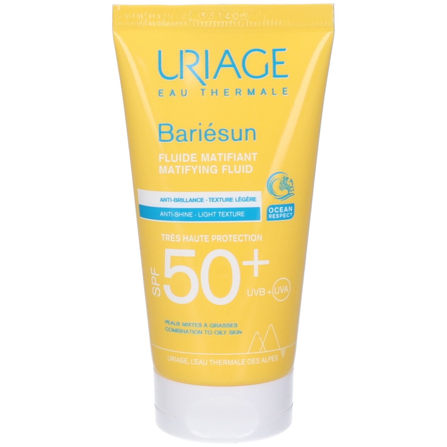 Tubo giallo URIAGE Bariésun Mat Fluido SPF50+. Testo e loghi. Tappo bianco.