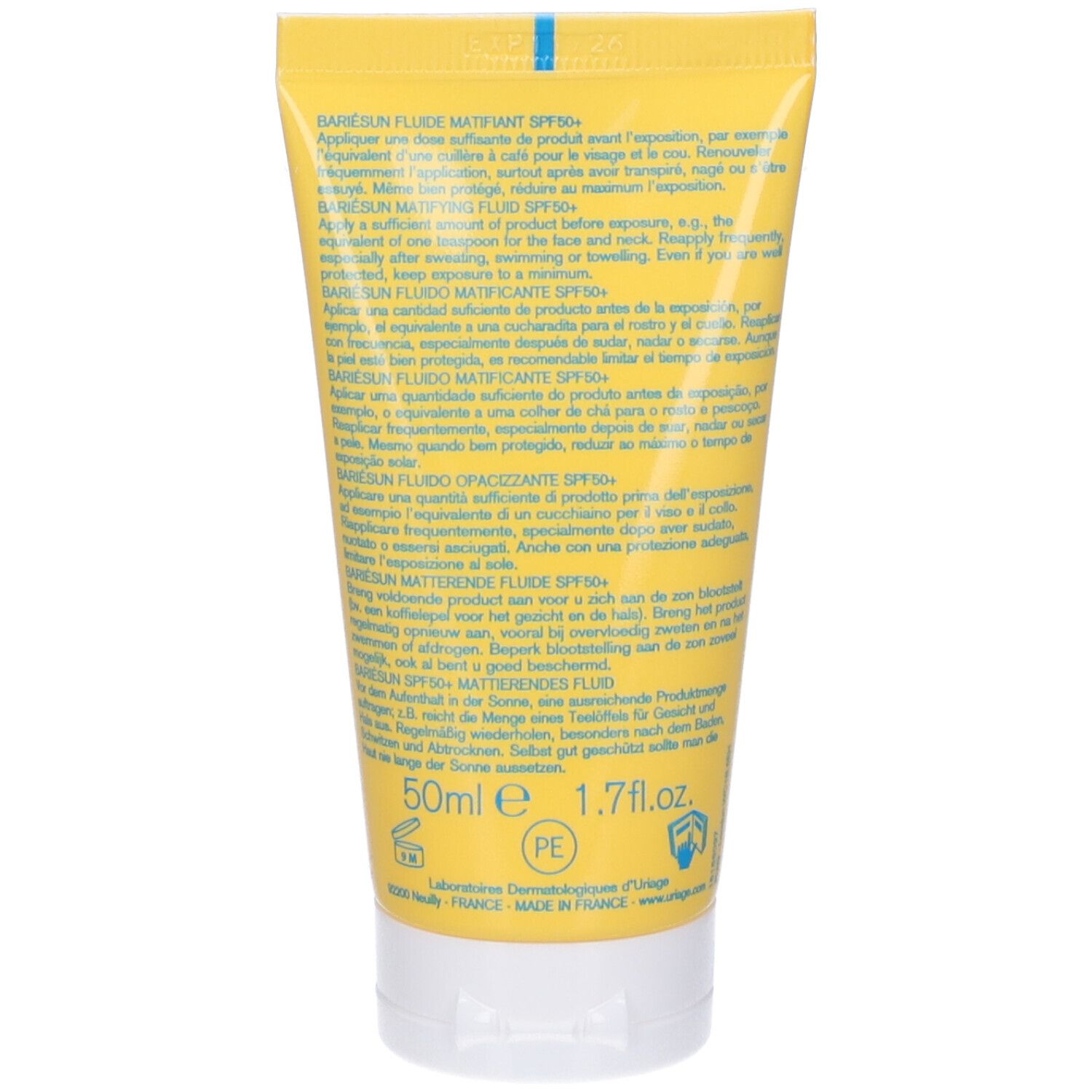 Retro del tubo giallo. Testo multilingue. Sfondo bianco.