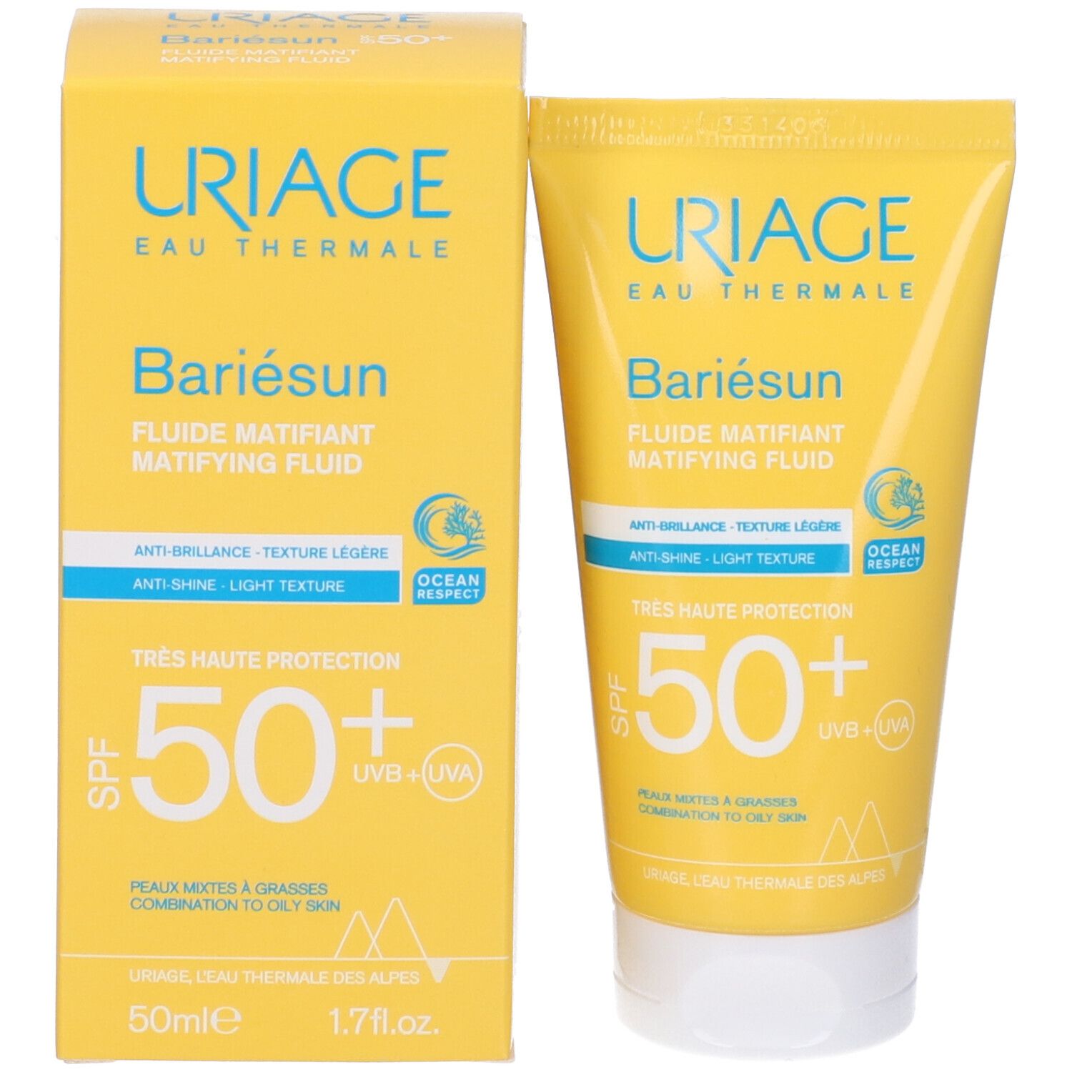 Prodotto e confezione. URIAGE Bariésun Mat Fluido SPF50+. Tubo e scatola gialli.