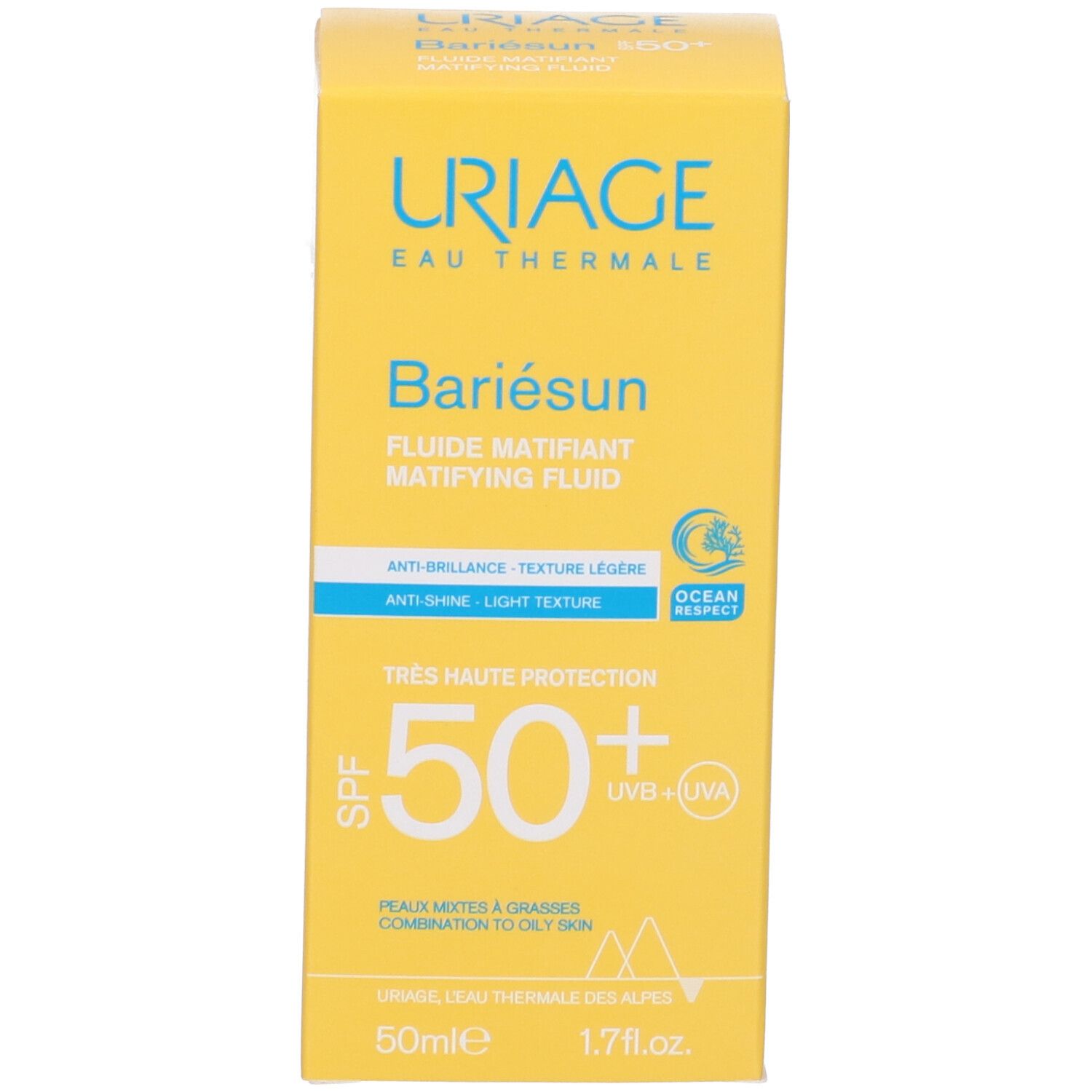 Scatola gialla. URIAGE Bariésun Mat Fluido SPF50+. Testo e loghi.