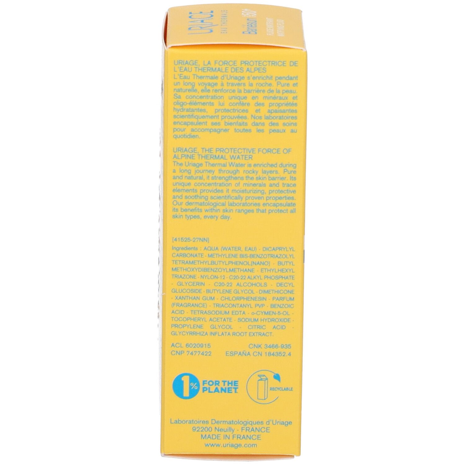 Retro della scatola gialla. Testo multilingue. Ingredienti.