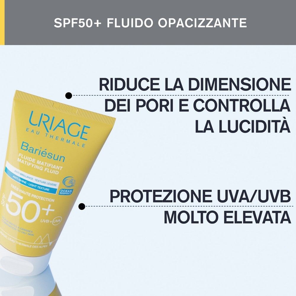 Prodotto e testo. URIAGE Bariésun Mat Fluido SPF50+. Riduce i pori, controlla la lucidità.