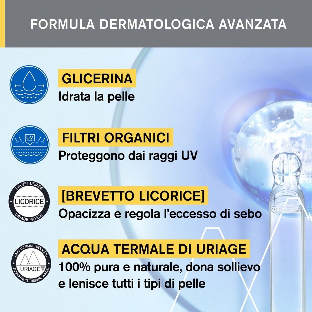 Grafico con i benefici del prodotto. Glicerina, filtri organici, acqua termale Uriage.