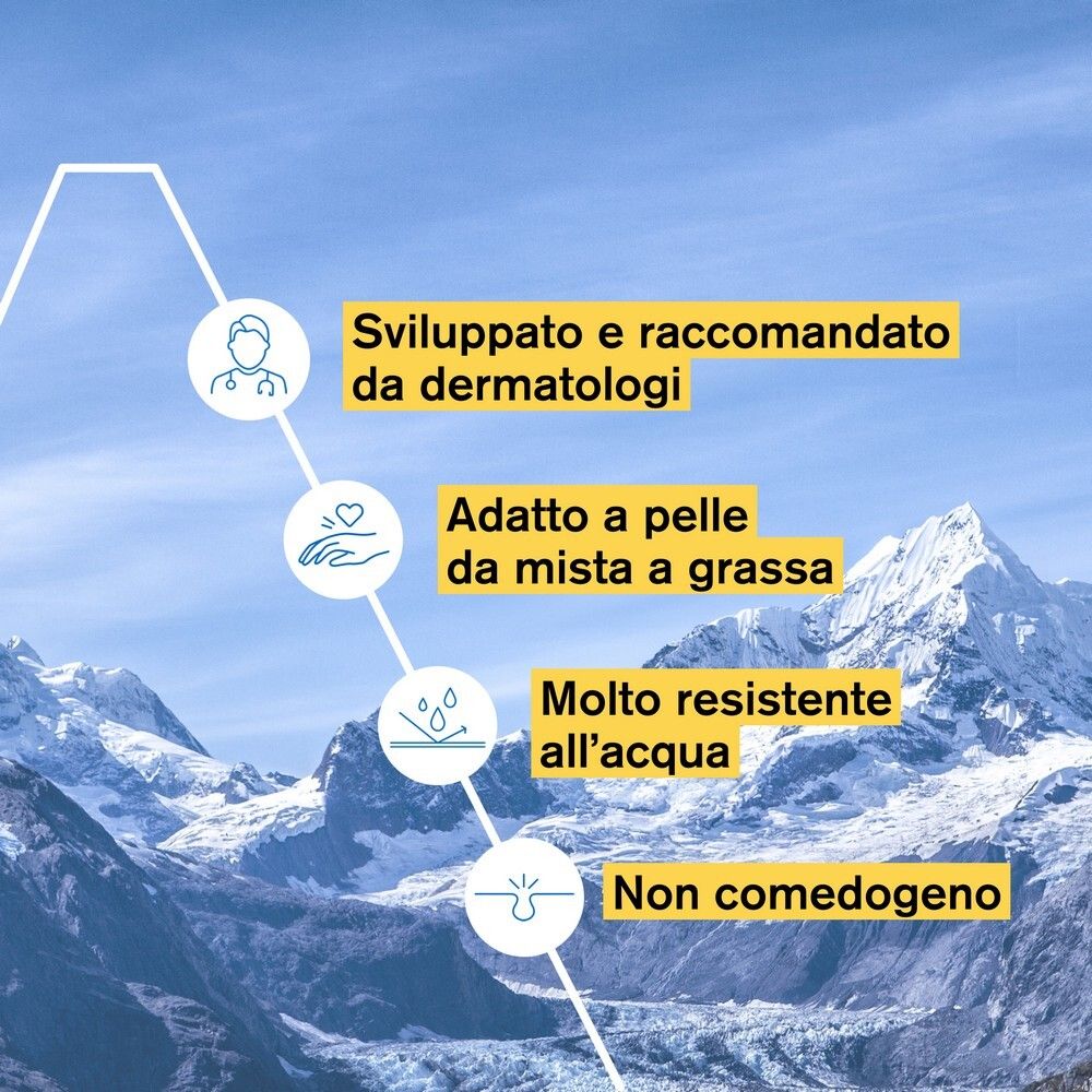 Grafico con i benefici del prodotto. Testato dermatologicamente, adatto alle pelli miste, resistente all'acqua.