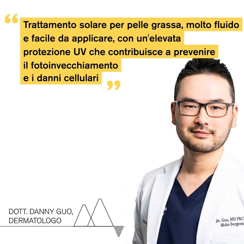 Un dermatologo parla del prodotto. Testo sulla protezione solare per pelli grasse.