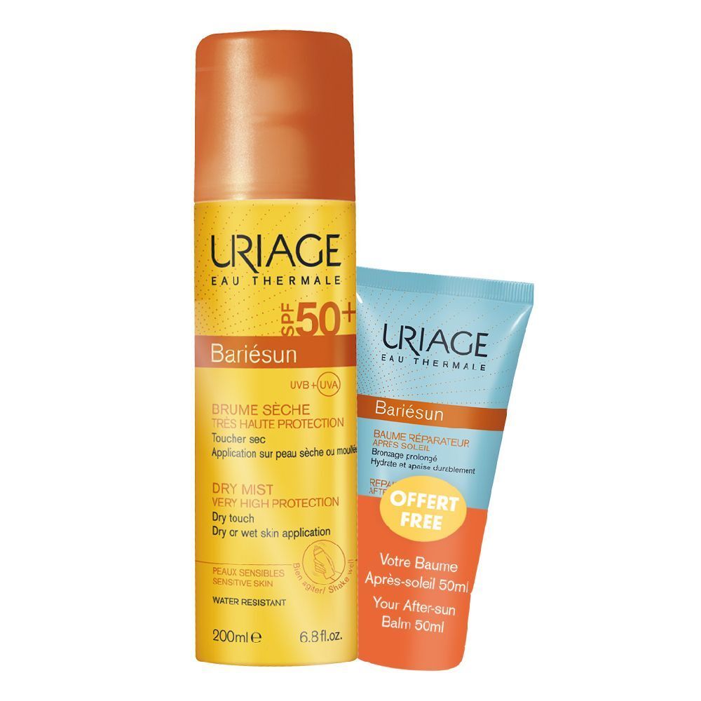 Due prodotti Uriage Bariésun: spray SPF 50+ e balsamo doposole. Il balsamo è in omaggio. Flaconi arancione e blu, scritte in francese.
