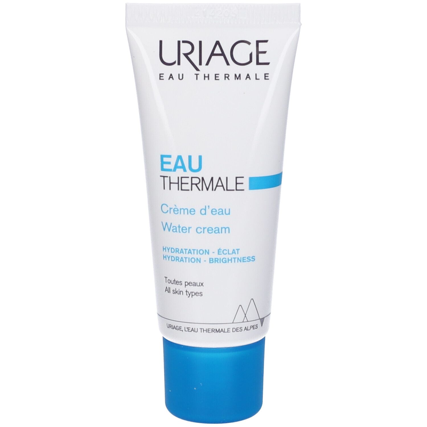 Tubo bianco con tappo blu. Scritta: URIAGE EAU THERMALE, EAU THERMALE Water cream. Per tutti i tipi di pelle.