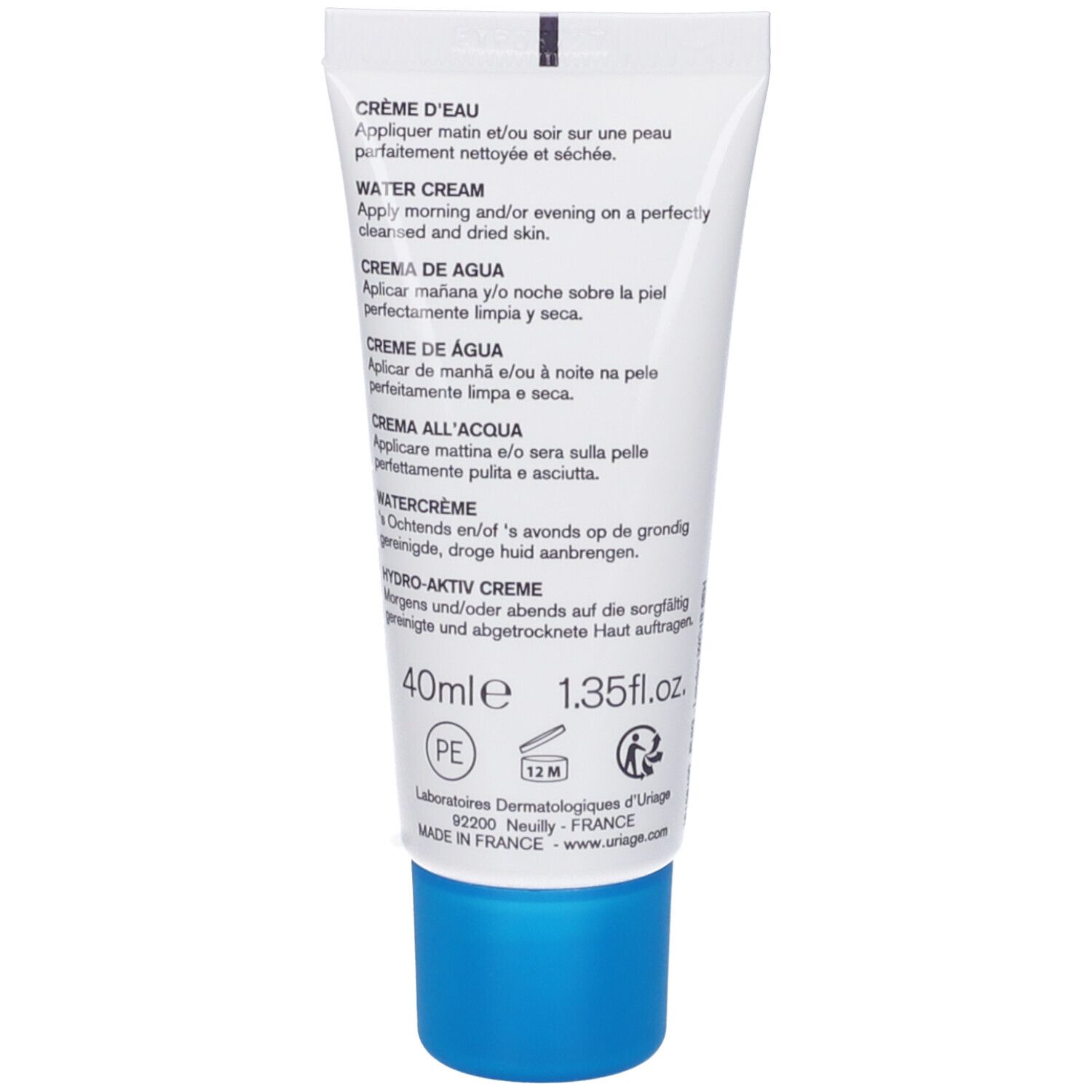 Retro del tubo. Testo multilingue. Contiene informazioni sull'uso e sugli ingredienti. 40ml, 1.35fl.oz.