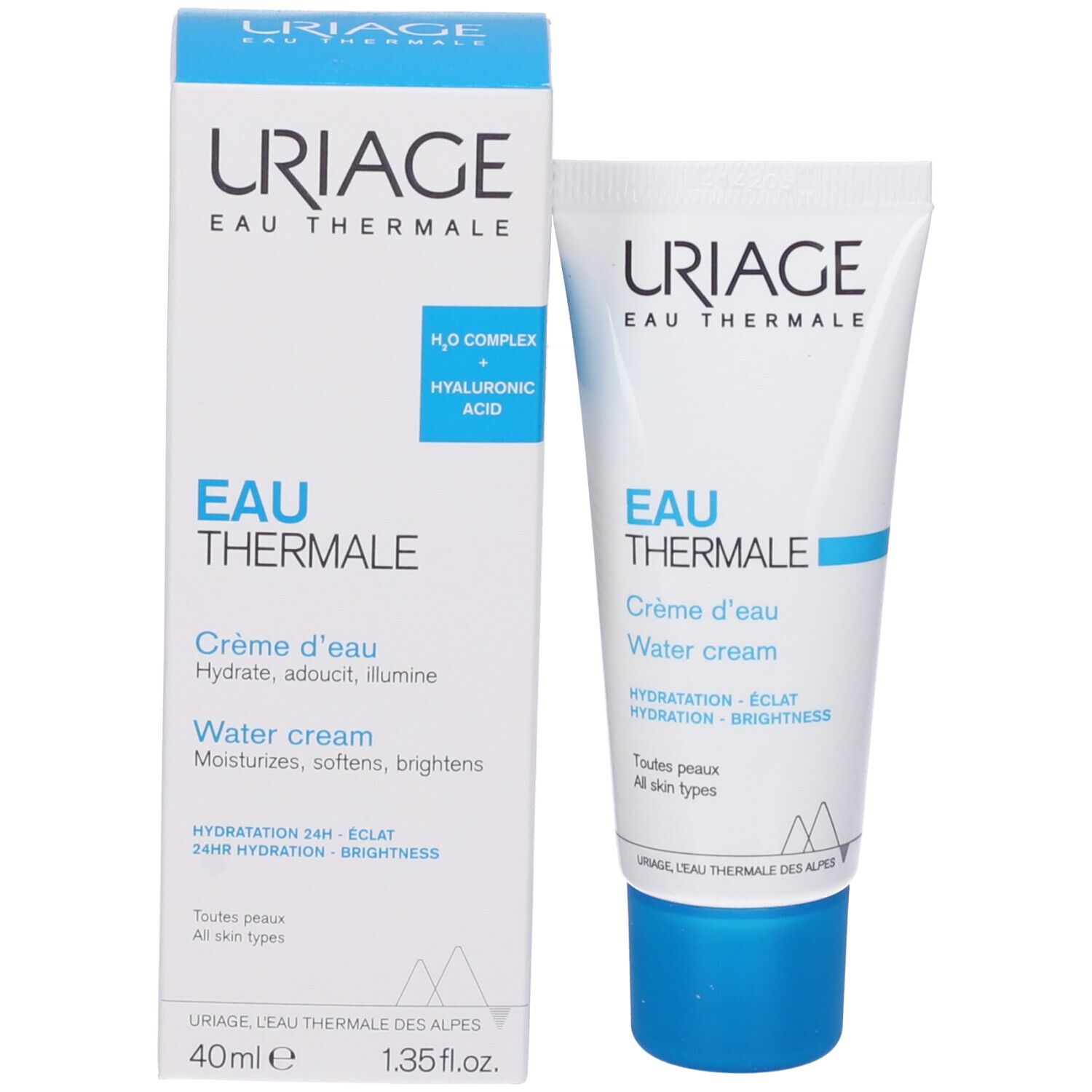 Prodotto e confezione. Scatola e tubo bianchi. Testo: EAU THERMALE Water cream. 40ml, 1.35fl.oz.