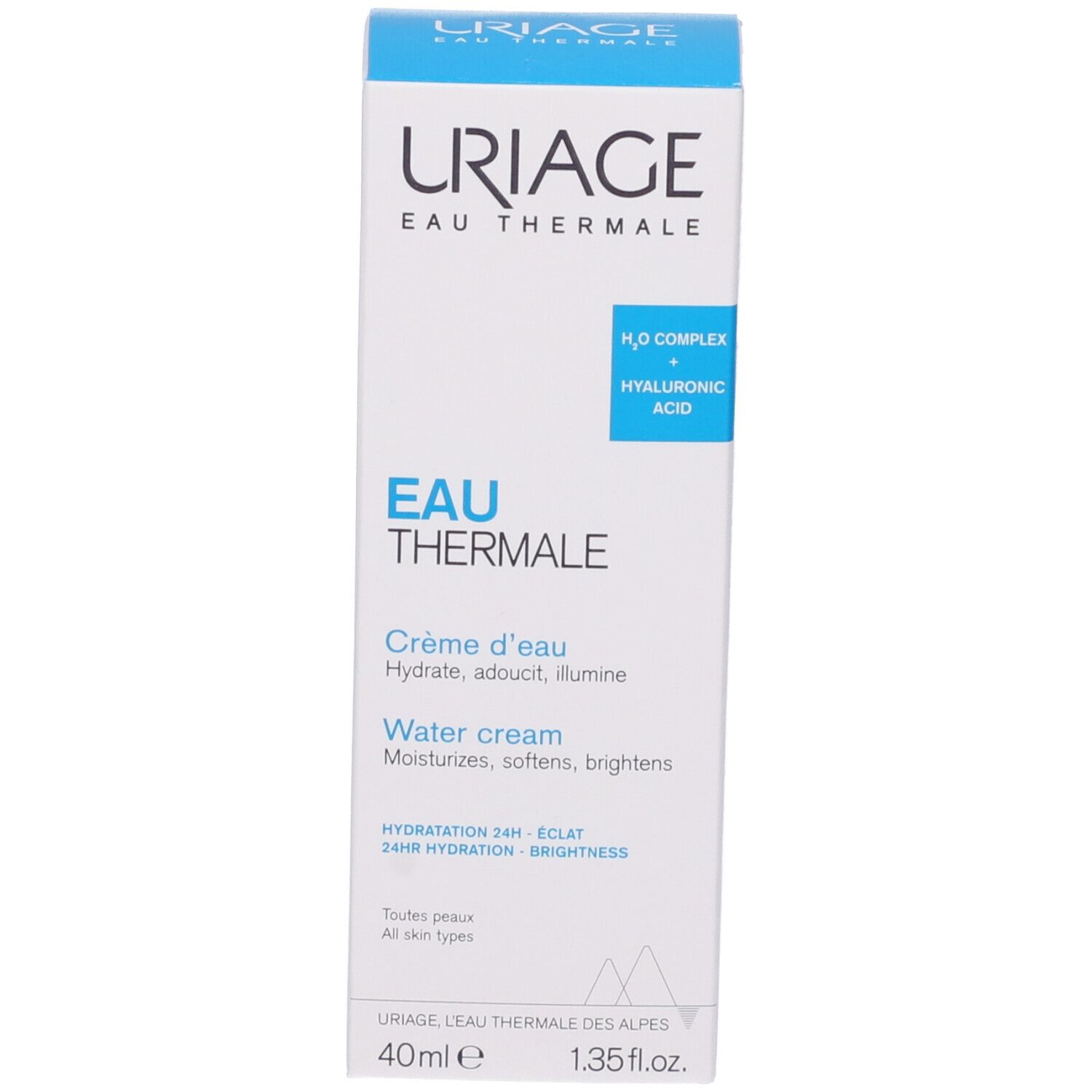 Confezione. Testo: URIAGE, EAU THERMALE. Informazioni sugli ingredienti e l'uso. 40ml, 1.35fl.oz.