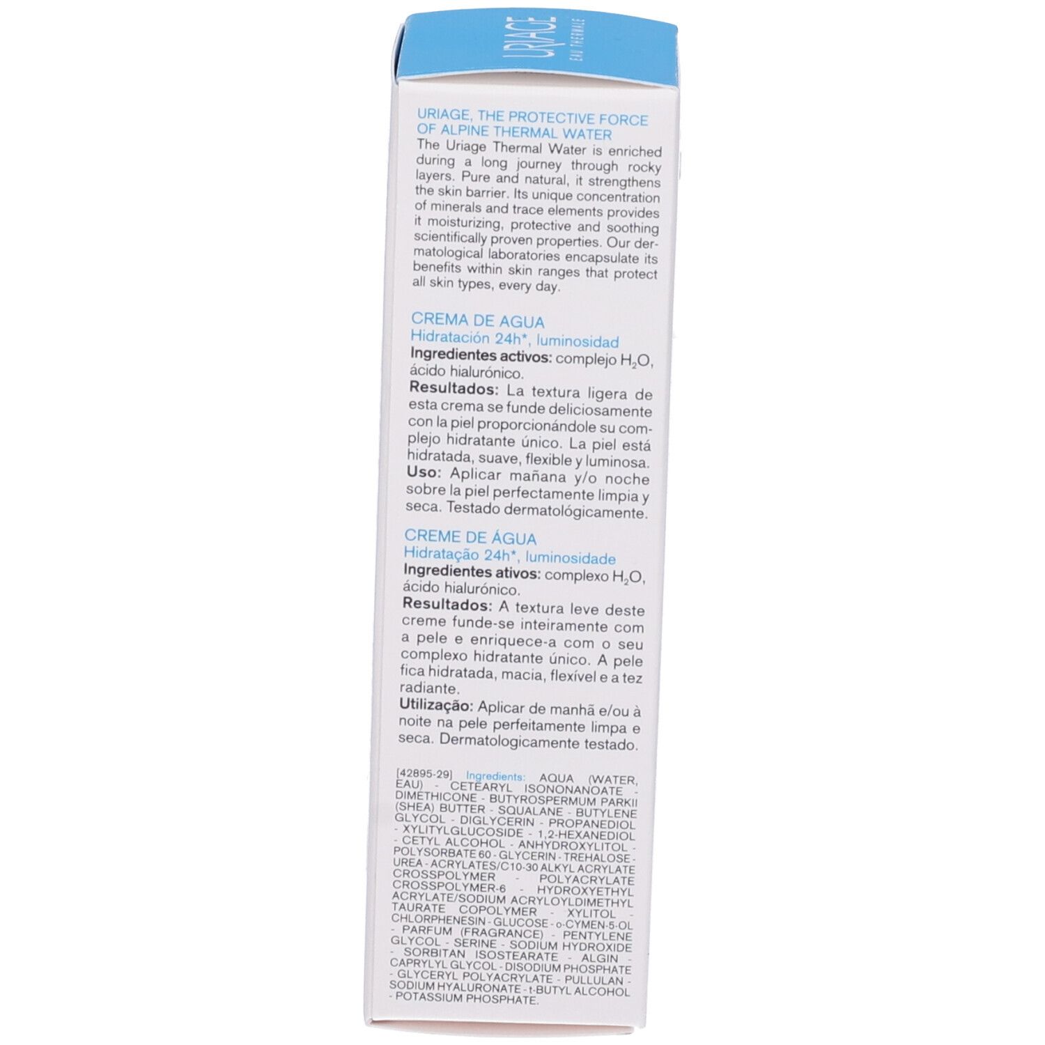 Confezione. Testo: URIAGE, EAU THERMALE. Informazioni sugli ingredienti e l'uso. 40ml, 1.35fl.oz.