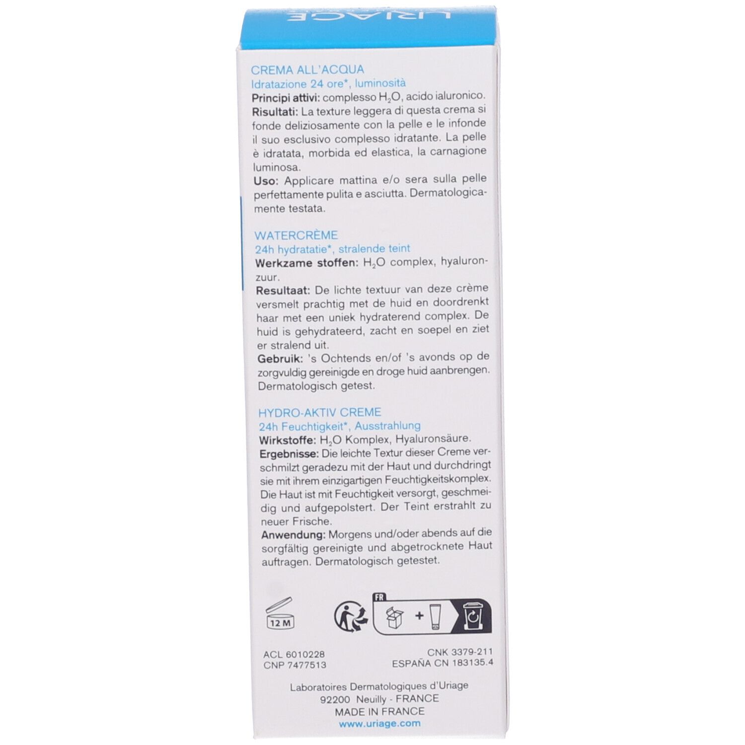 Confezione. Testo: URIAGE, EAU THERMALE. Informazioni sugli ingredienti e l'uso. 40ml, 1.35fl.oz.