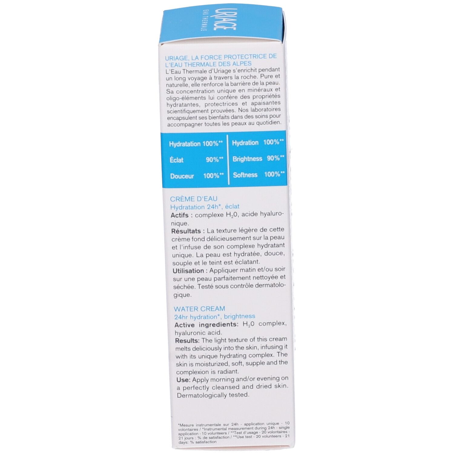 Confezione. Testo: URIAGE, EAU THERMALE. Informazioni sugli ingredienti e l'uso. 40ml, 1.35fl.oz.