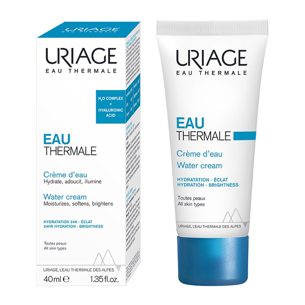 Prodotto e confezione. Tubo e scatola bianchi. Testo: EAU THERMALE Water cream. 40ml, 1.35fl.oz.