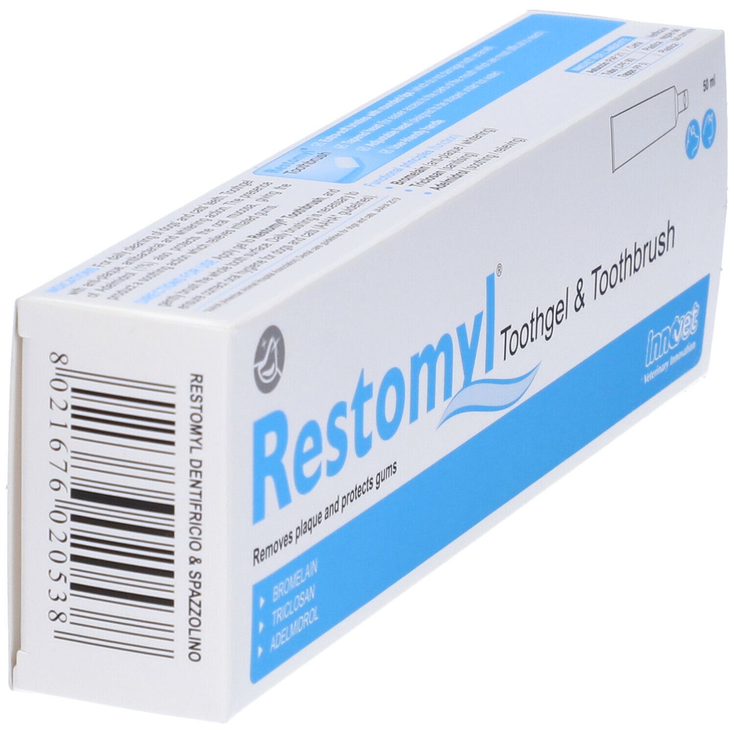 Confezione con logo "Restomyl". Testo: "Toothgel & Toothbrush". Contiene dentifricio e spazzolino. Colori blu e bianco.
