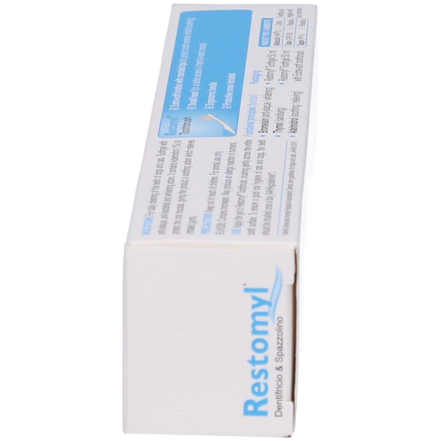 Restomyl Zahnpasta & Zahnbürste Kartonverpackung, Vorderseite mit Produktnamen und Inhaltsstoffen.