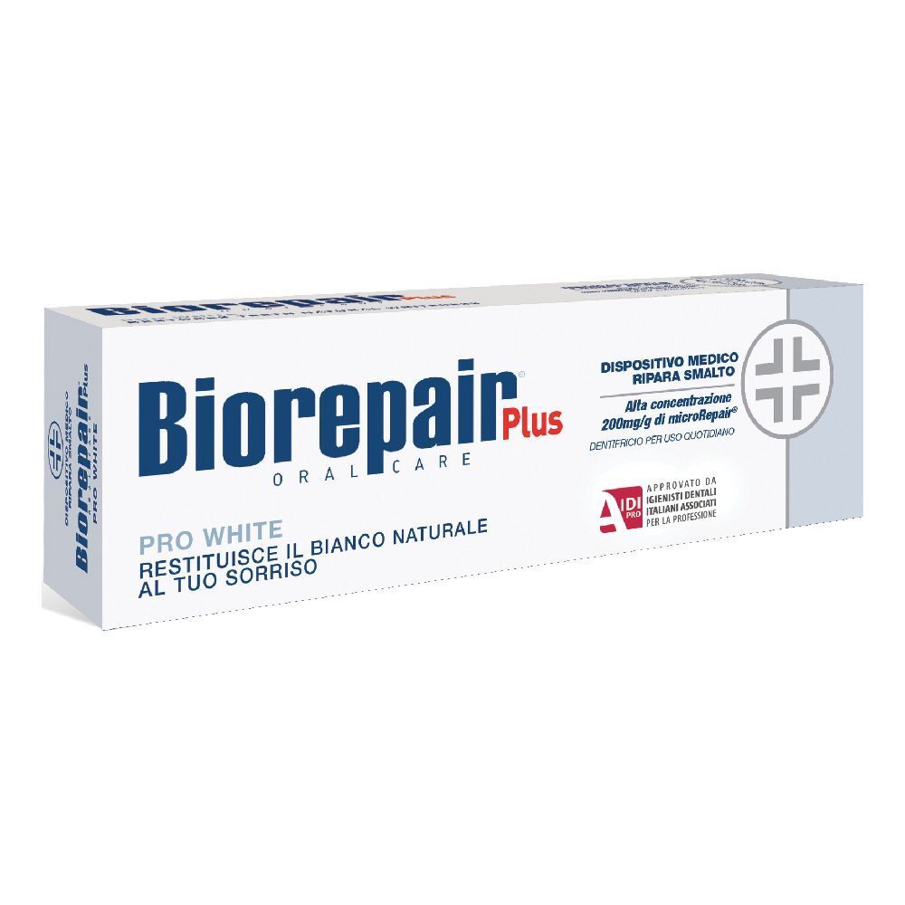 Tubo e confezione di dentifricio Biorepair Plus Pro White. Tubo bianco, testo blu. Confezione con nome del prodotto.