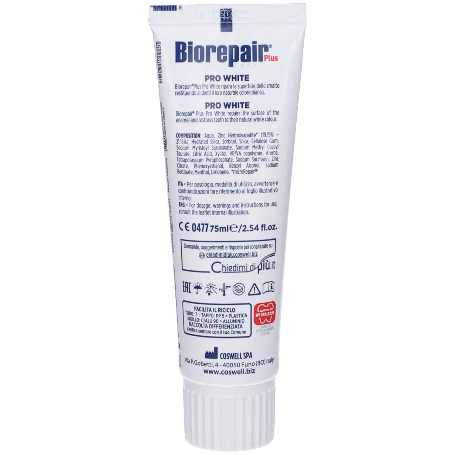 Retro del tubetto di dentifricio Biorepair Plus Pro White. Testo multilingue. Informazioni sul prodotto e ingredienti.