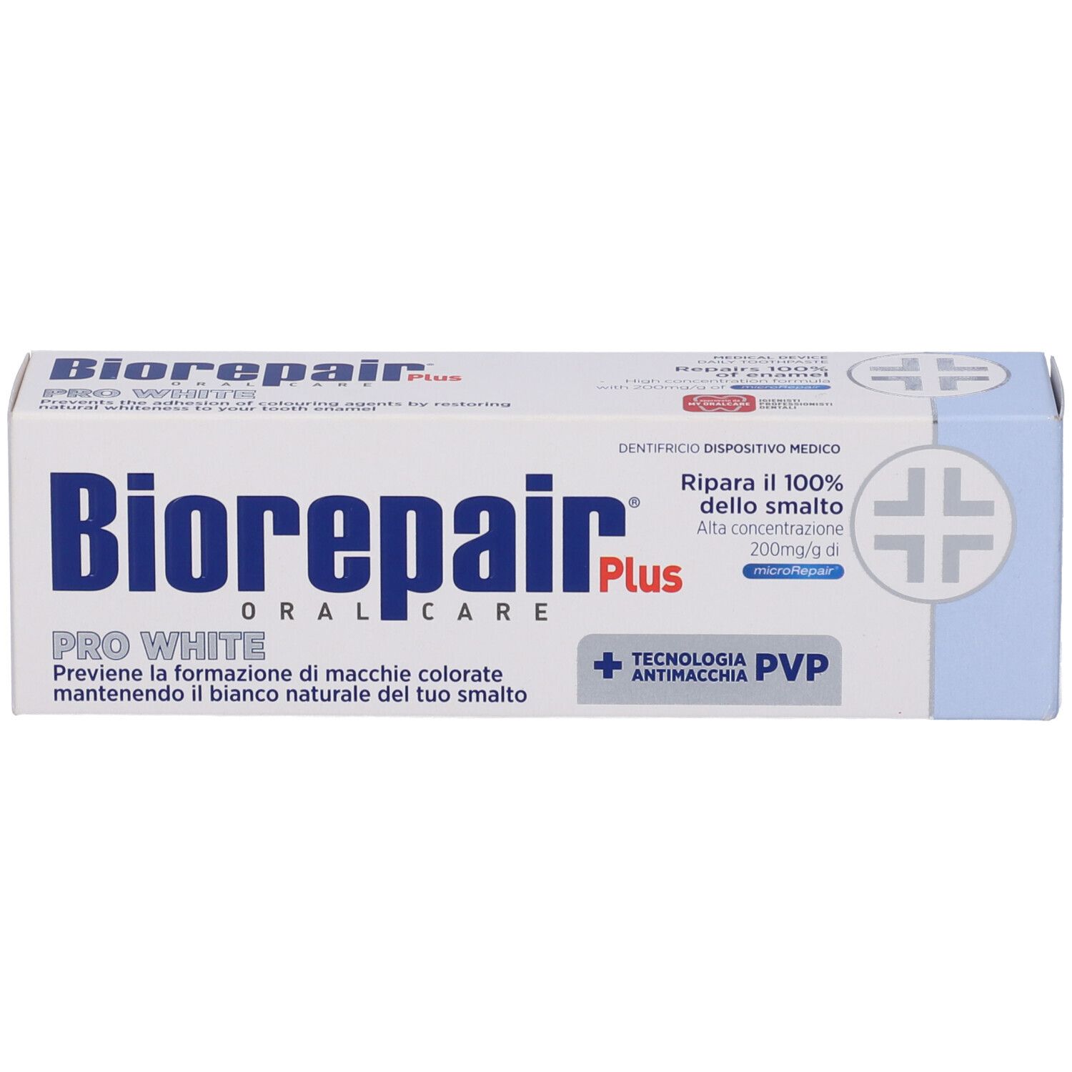Confezione del dentifricio Biorepair Plus Pro White. Sfondo blu, testo bianco. Nome del prodotto e logo.