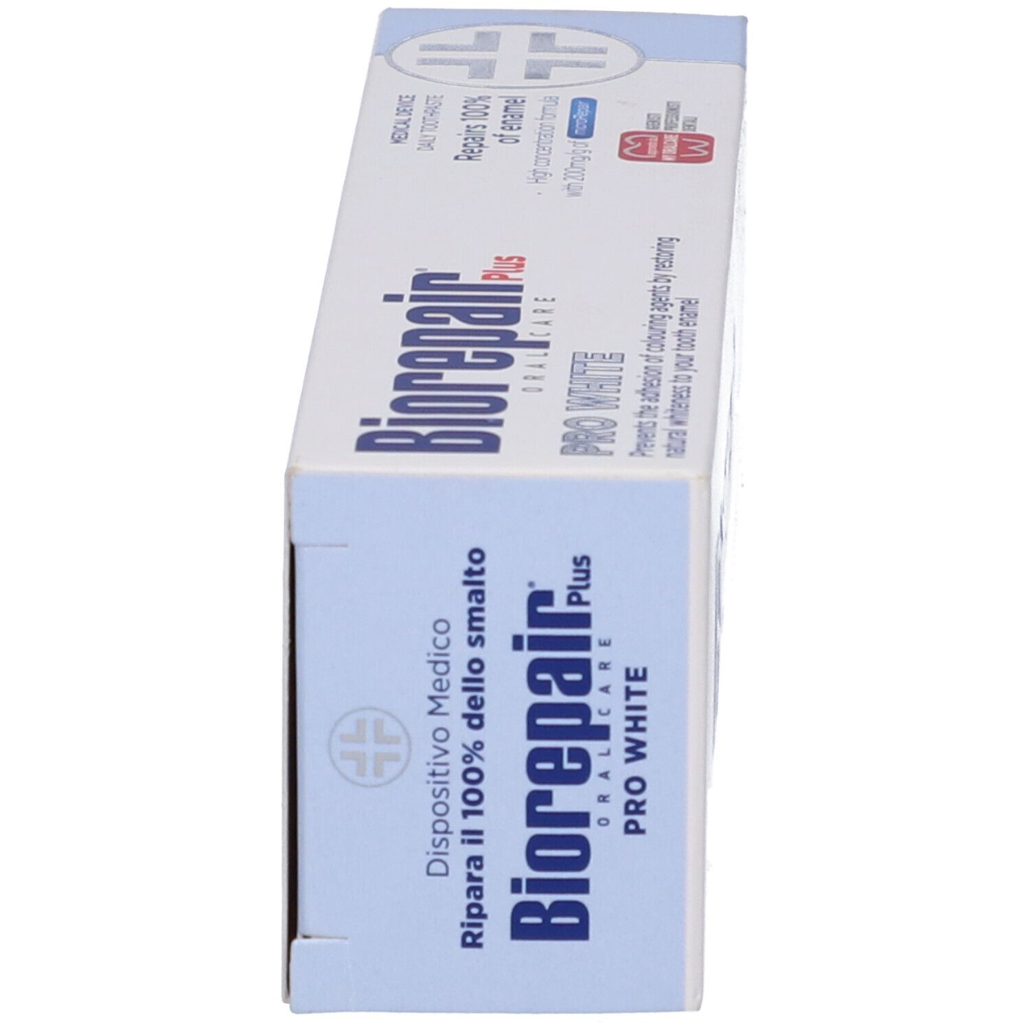 Vista laterale della confezione Biorepair Plus Pro White. Nome del prodotto e logo. Marchio dispositivo medico.