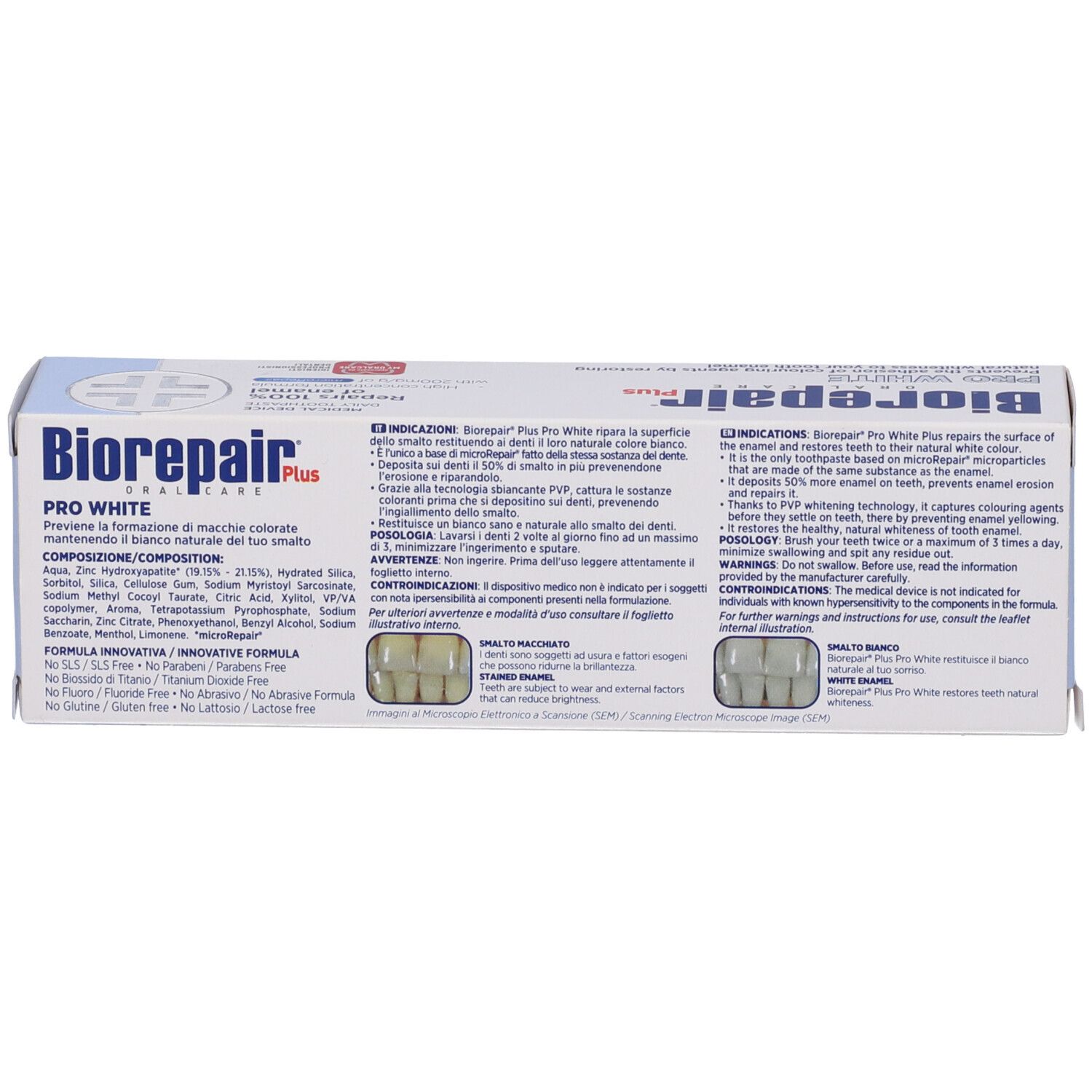 Retro della confezione Biorepair Plus Pro White. Testo multilingue. Informazioni e istruzioni per l'uso.