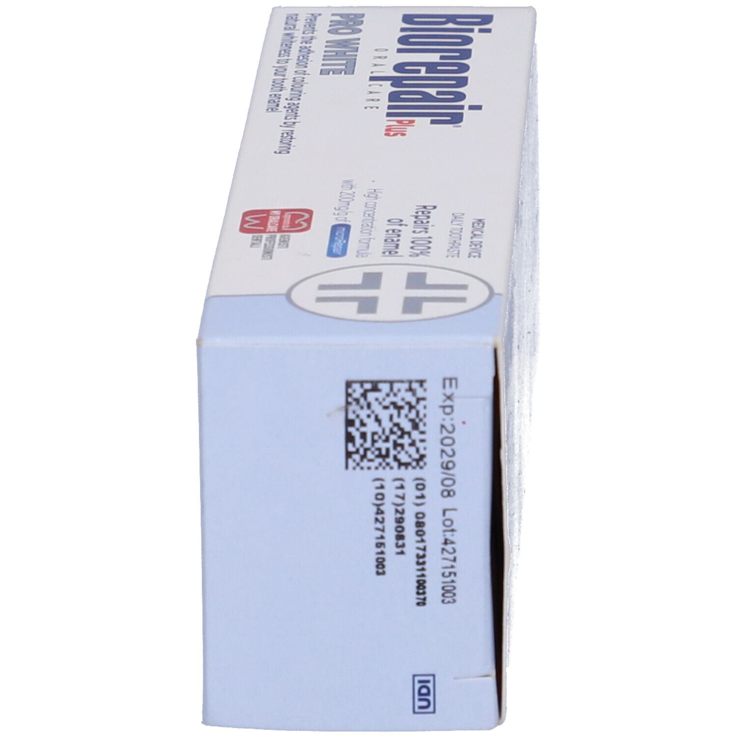 Vista laterale della confezione Biorepair Plus Pro White. Nome del prodotto e logo. Data di scadenza e numero di lotto.