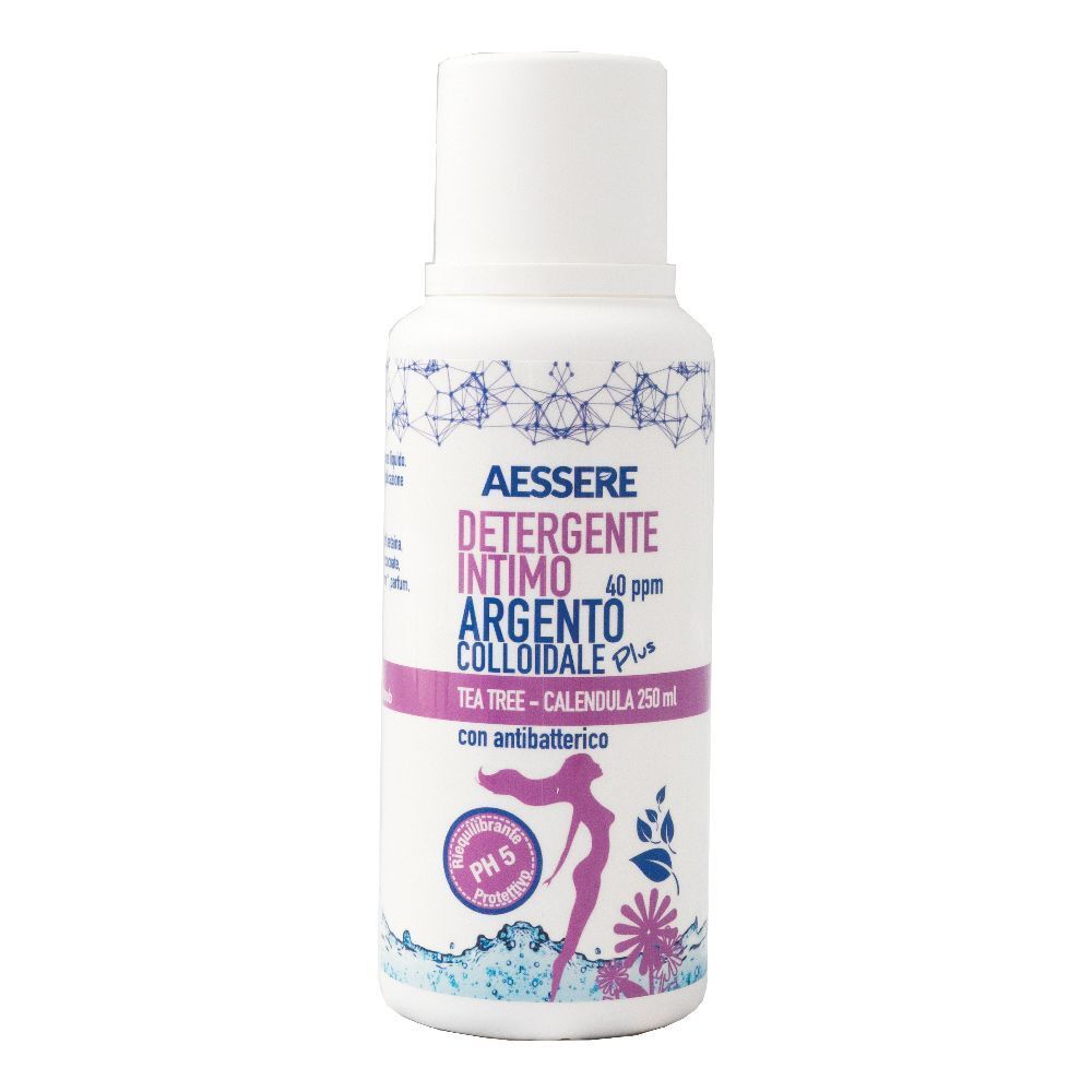 Weiße Flasche mit Aessere Intimreiniger, kolloidales Silber, 250 ml. Mit Teebaum und Calendula.