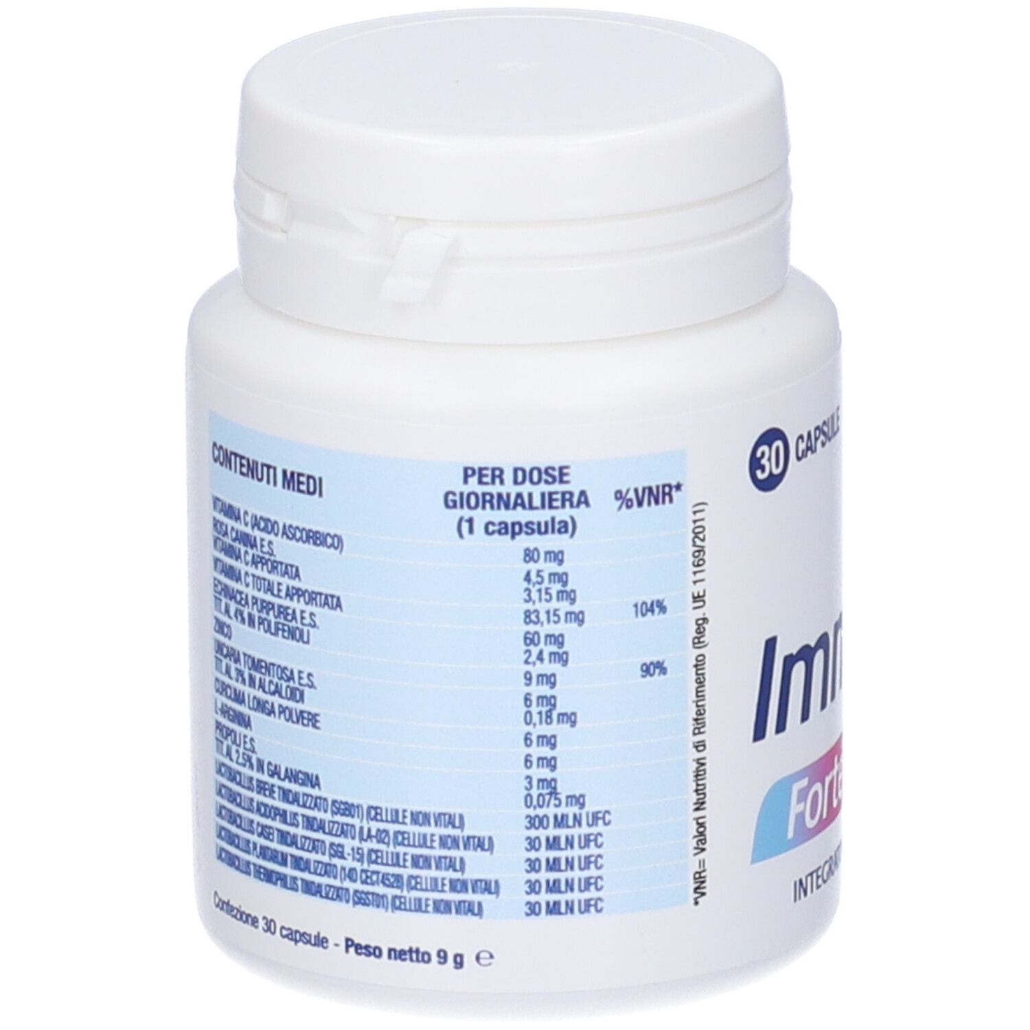 Flacone bianco con tappo a vite. Scritta: Immuno Forte Act, 30 capsule. Informazioni nutrizionali sul retro.