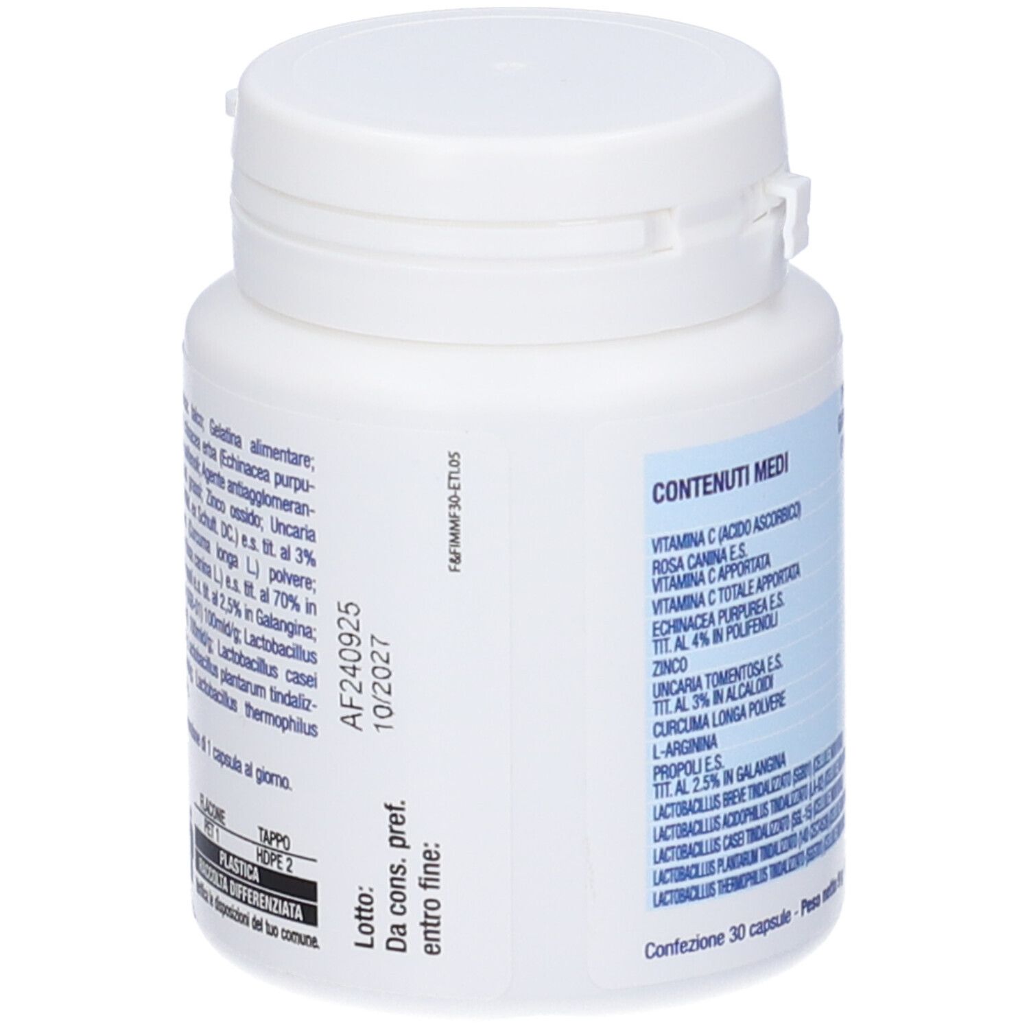 Flacone bianco con tappo a vite. Retro con ingredienti e data di scadenza. Scritta: Immuno Forte Act.
