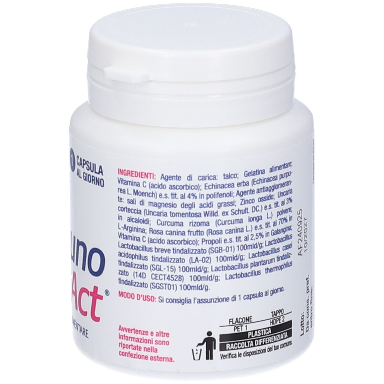 Flacone bianco con tappo a vite. Scritta: Immuno Forte Act. Elenco ingredienti e modalità d'uso sul retro.