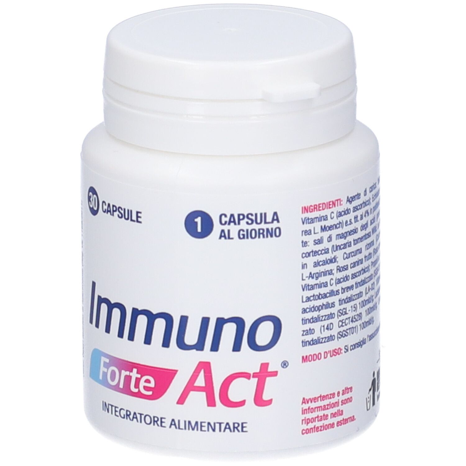 Flacone bianco con tappo a vite. Scritta: Immuno Forte Act, 30 capsule, 1 capsula al giorno. Integratore alimentare.