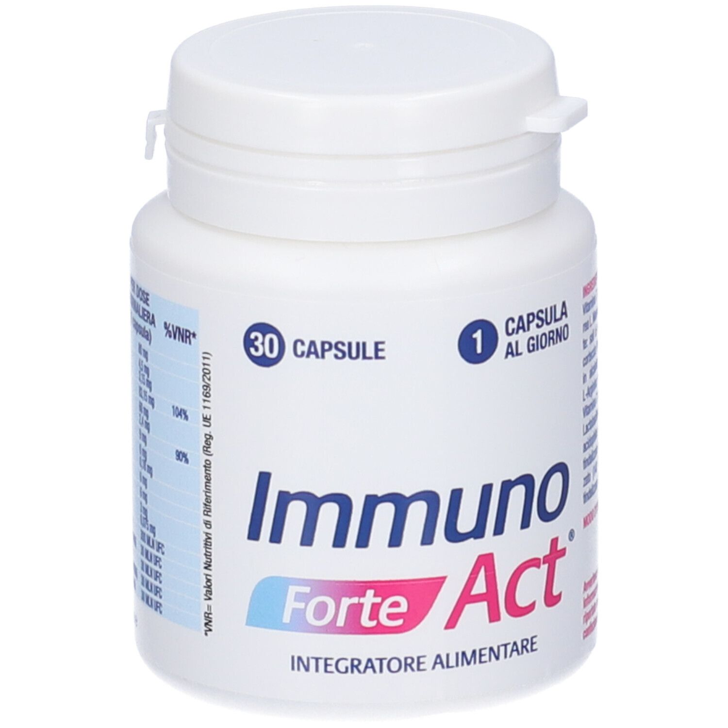Flacone bianco con tappo a vite. Scritta: Immuno Forte Act, 30 capsule, 1 capsula al giorno. Integratore alimentare.