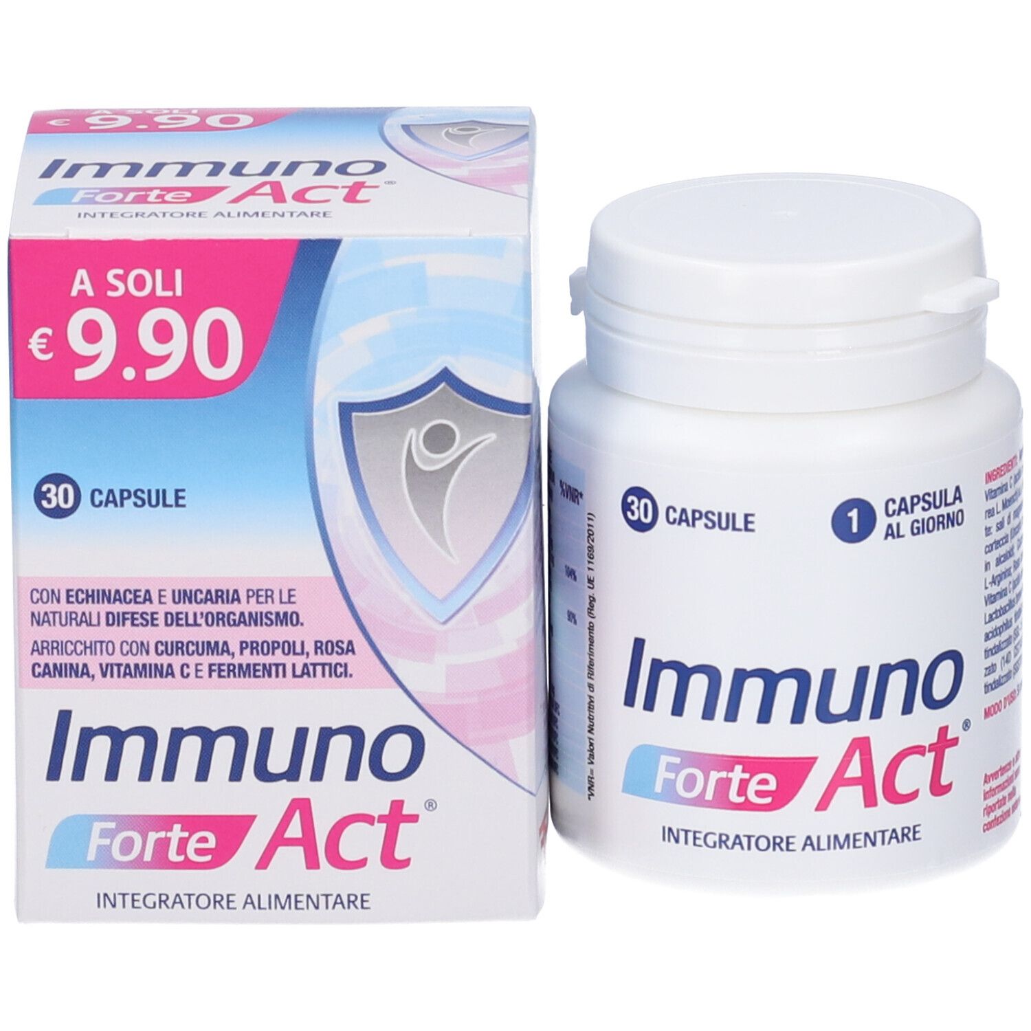 Confezione e flacone del prodotto. Scritta: Immuno Forte Act, 30 capsule. Prezzo: 9,90 €. Integratore alimentare.