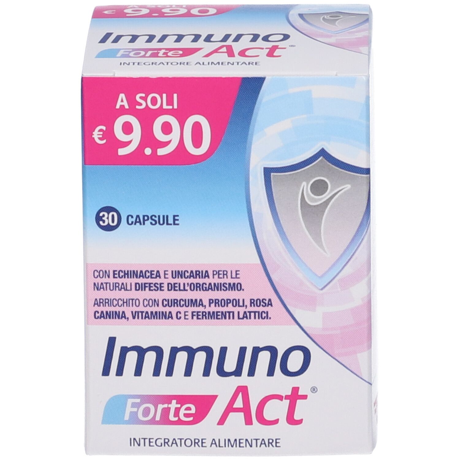 Confezione del prodotto. Scritta: Immuno Forte Act, 30 capsule. Prezzo: 9,90 €. Integratore alimentare.