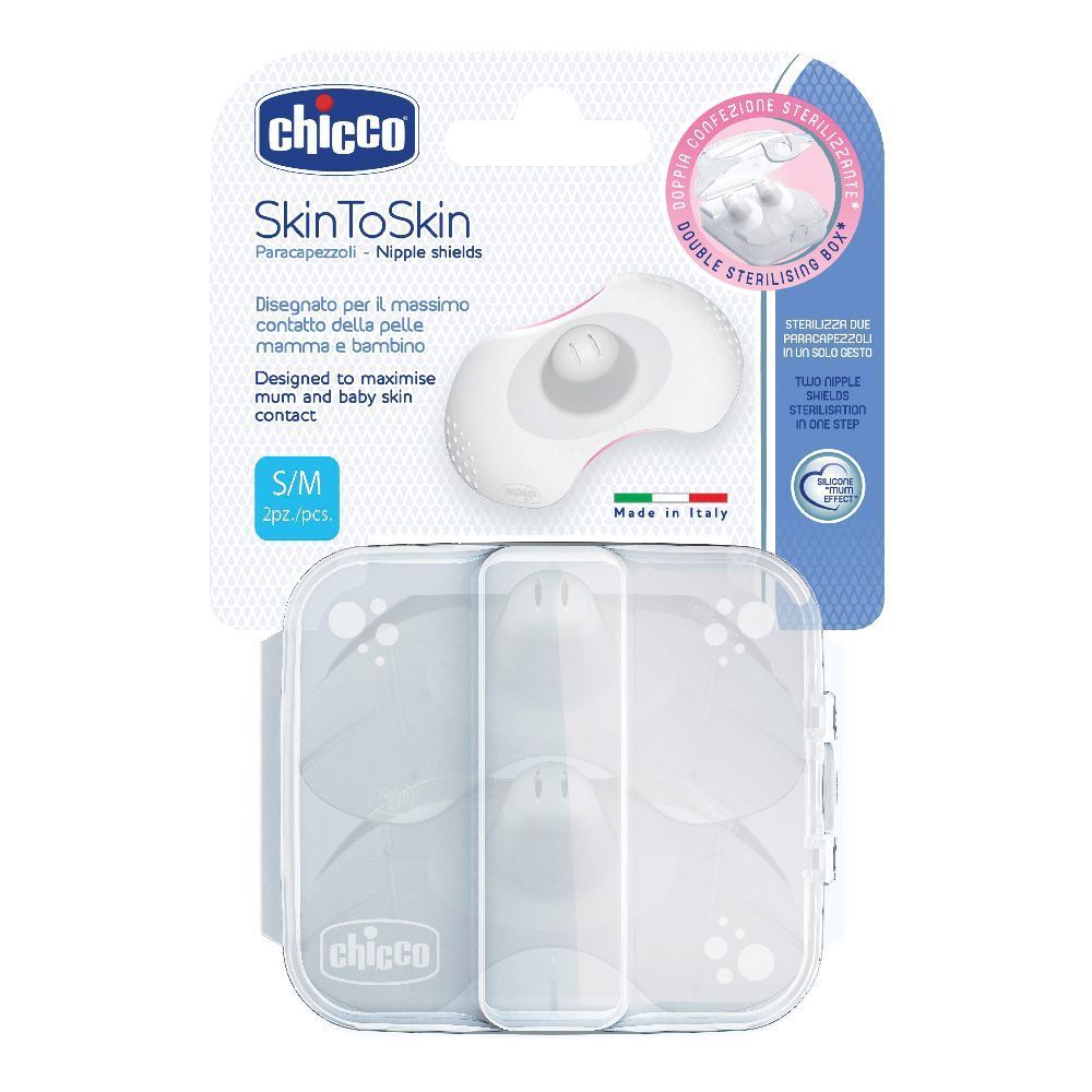 Paracapezzoli SkinToSkin Chicco S/M, 2 pezzi. Con doppia scatola sterilizzante. Prodotto in Italia.