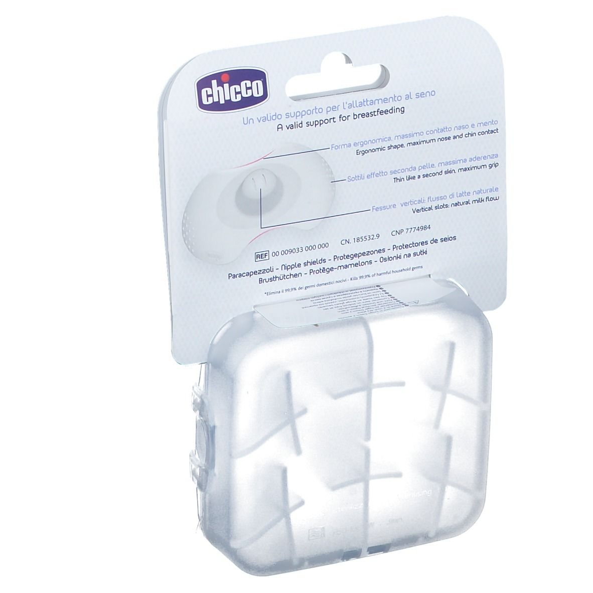 Confezione dei paracapezzoli Chicco. Informazioni sulle caratteristiche. Con doppia scatola sterilizzante. Prodotto in Italia.