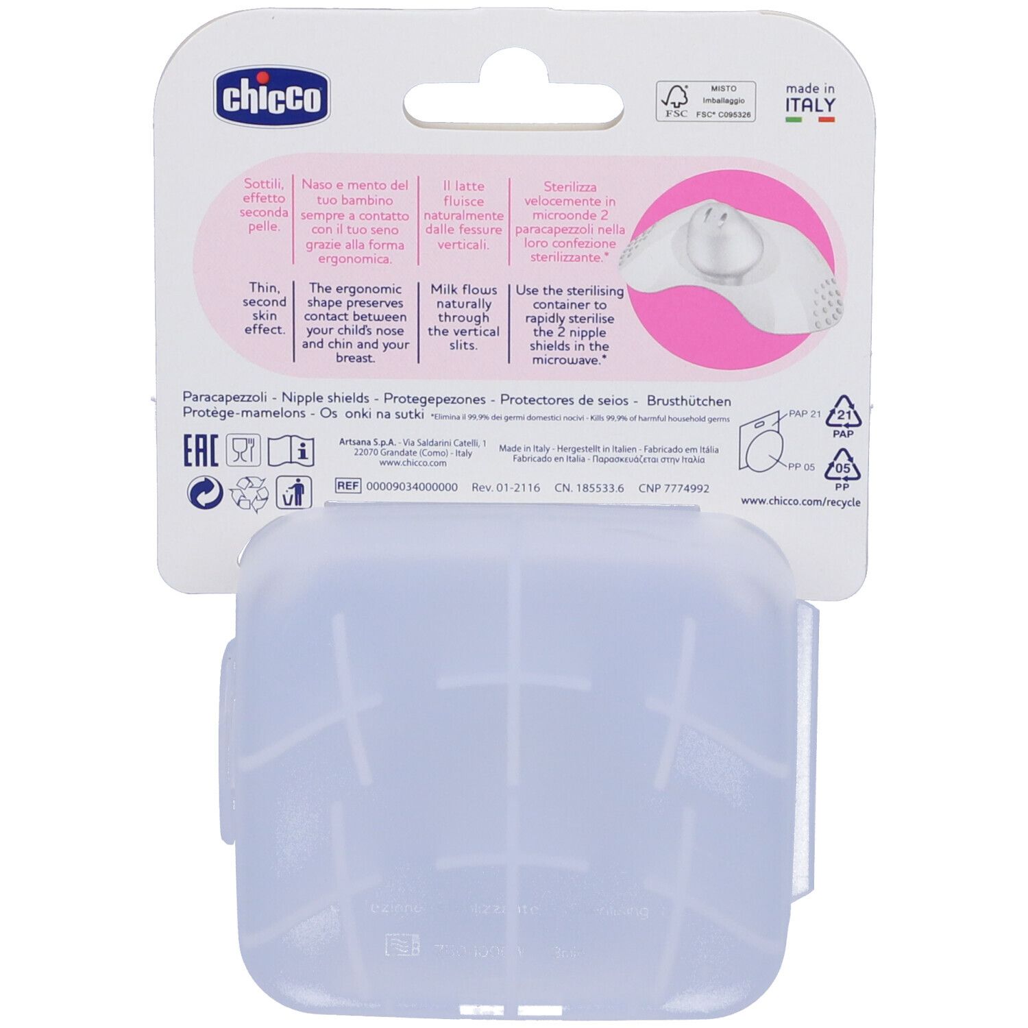 Rückseite der Verpackung mit Produktinformationen. Enthält zwei Brusthütchen in einem Behälter. Text auf Italienisch.