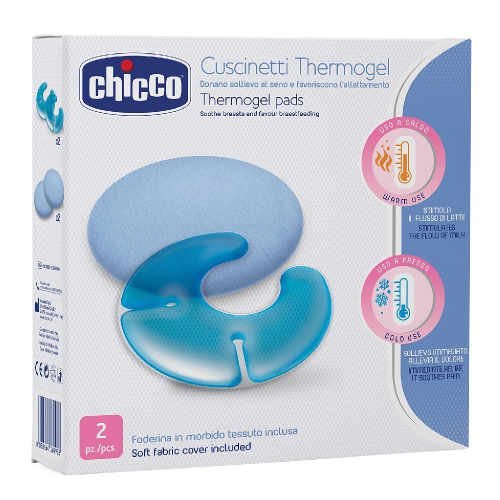 Confezione di cuscinetti Thermogel Chicco. Contiene due cuscinetti rotondi e due a mezzaluna. Illustrazioni per uso caldo e freddo.