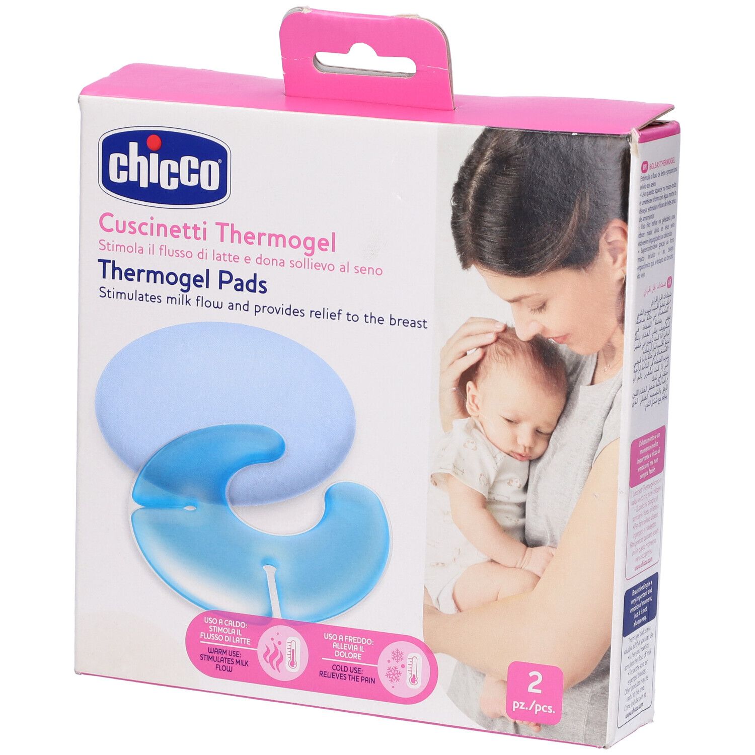 Confezione di cuscinetti Thermogel Chicco. Mostra una madre che allatta il suo bambino. Cuscinetti raffigurati nella confezione. Con illustrazioni.