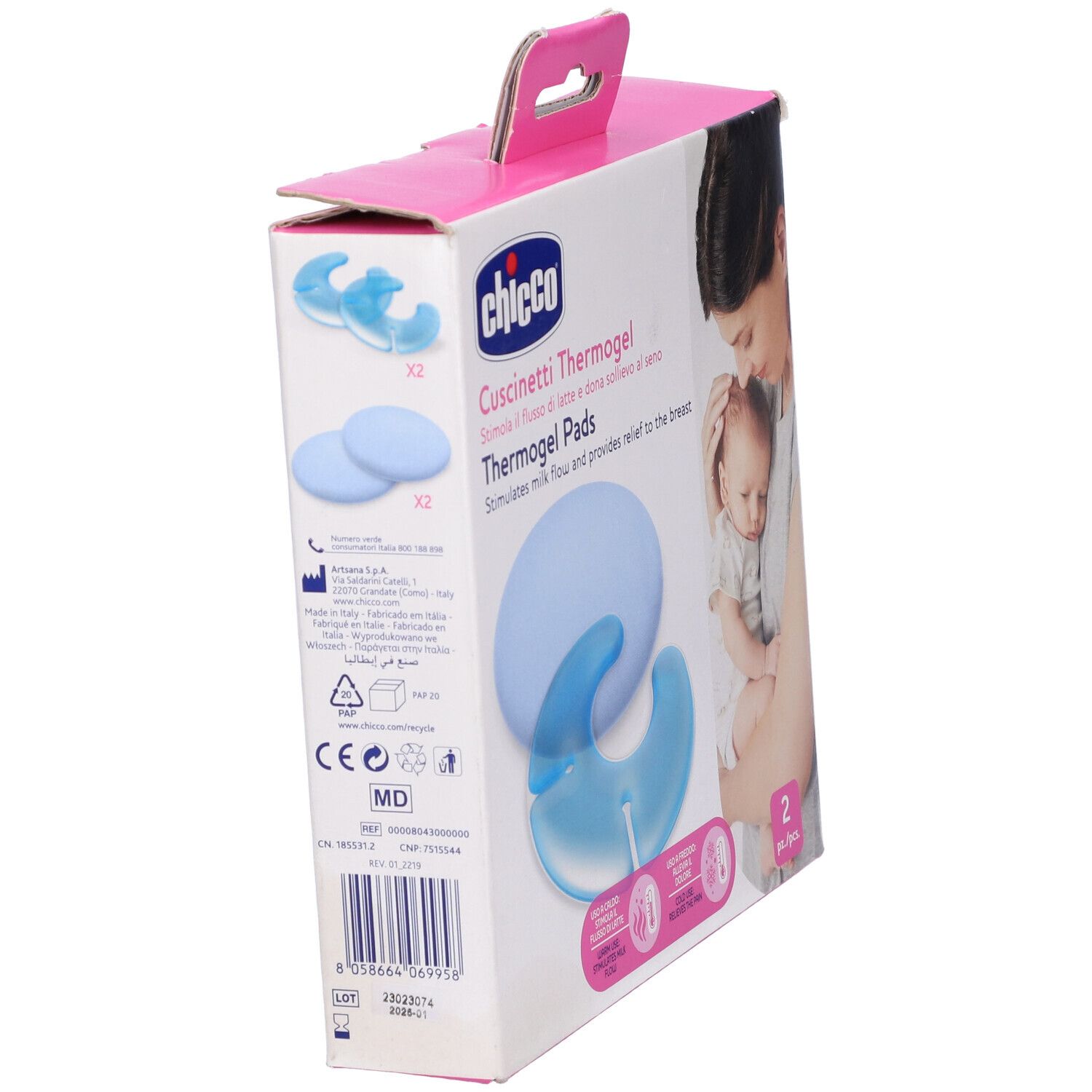 Confezione di cuscinetti Thermogel Chicco. Mostra una madre che allatta il suo bambino. Confezione del prodotto con manico rosa.