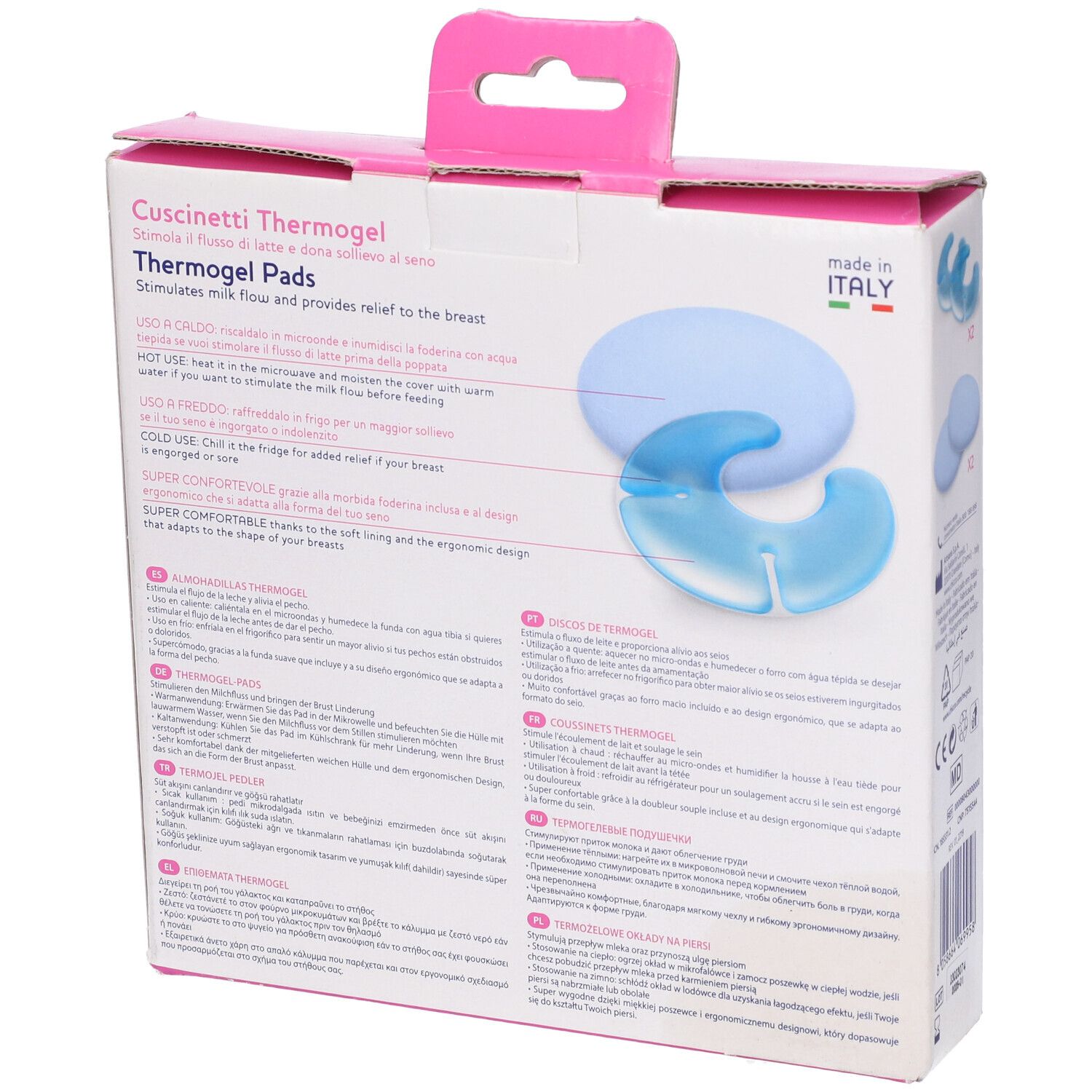 Retro della confezione di cuscinetti Thermogel Chicco. Testo in più lingue. Illustrazioni e istruzioni per l'uso.