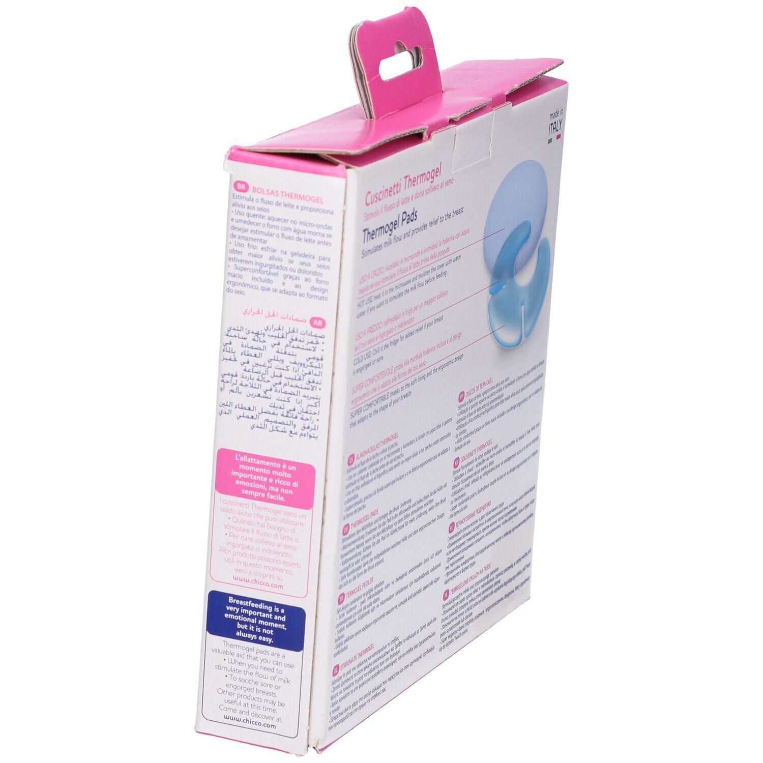 Vista laterale della confezione di cuscinetti Thermogel Chicco. Testo multilingue. Manico rosa. Prodotto in Italia.