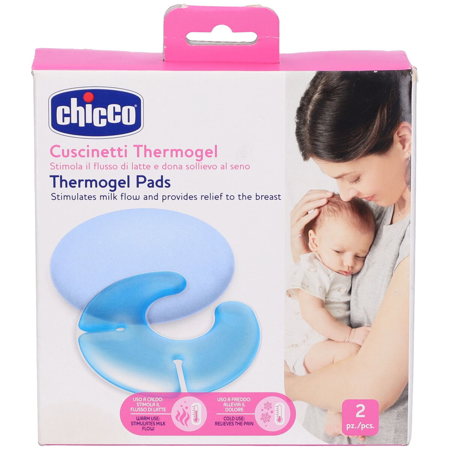 Confezione di cuscinetti Thermogel Chicco. Mostra una madre che allatta il suo bambino. Cuscinetti e illustrazioni per uso caldo e freddo.