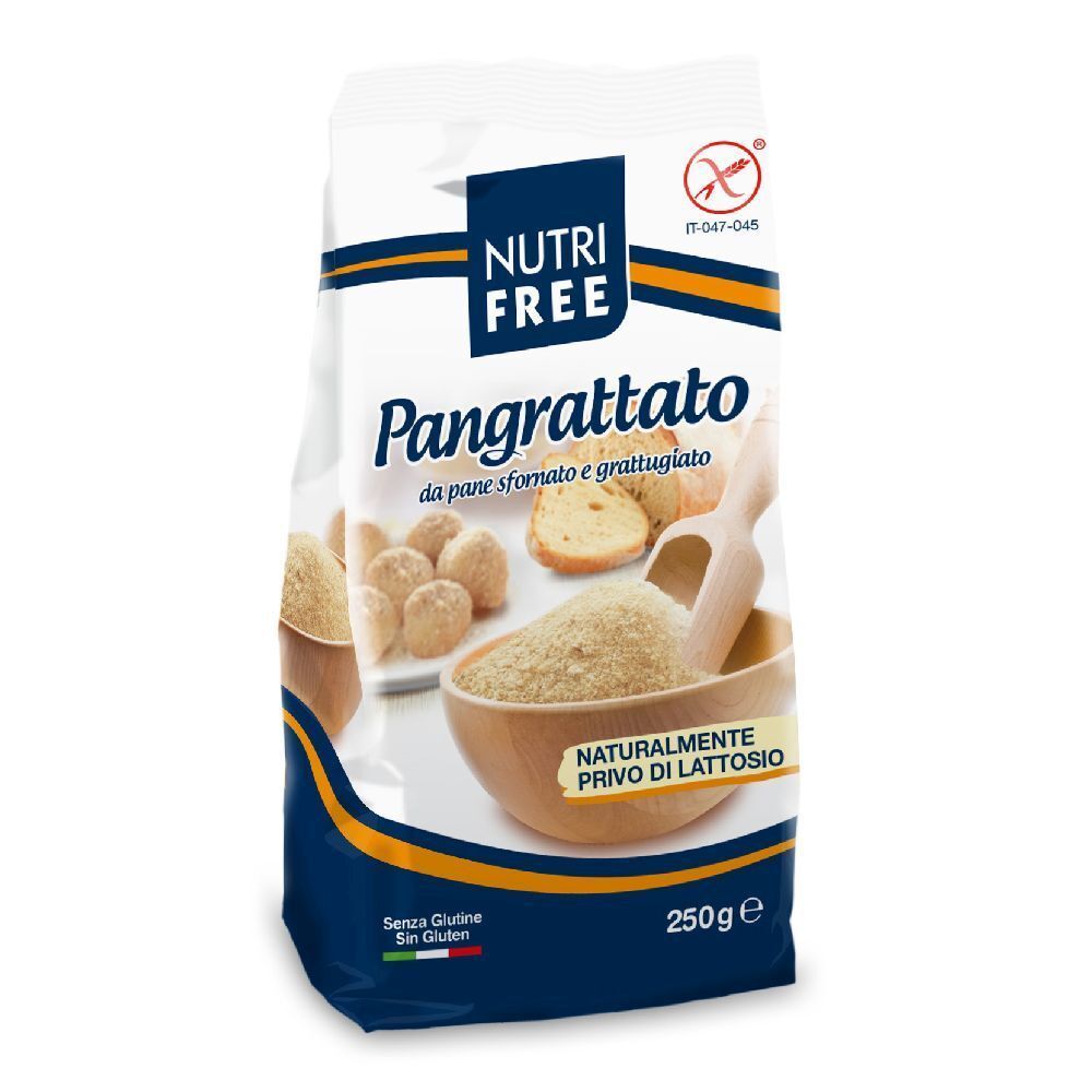 Confezione di Pangrattato Nutri Free. Senza glutine, senza lattosio. 250g. Immagine di pane e pangrattato.