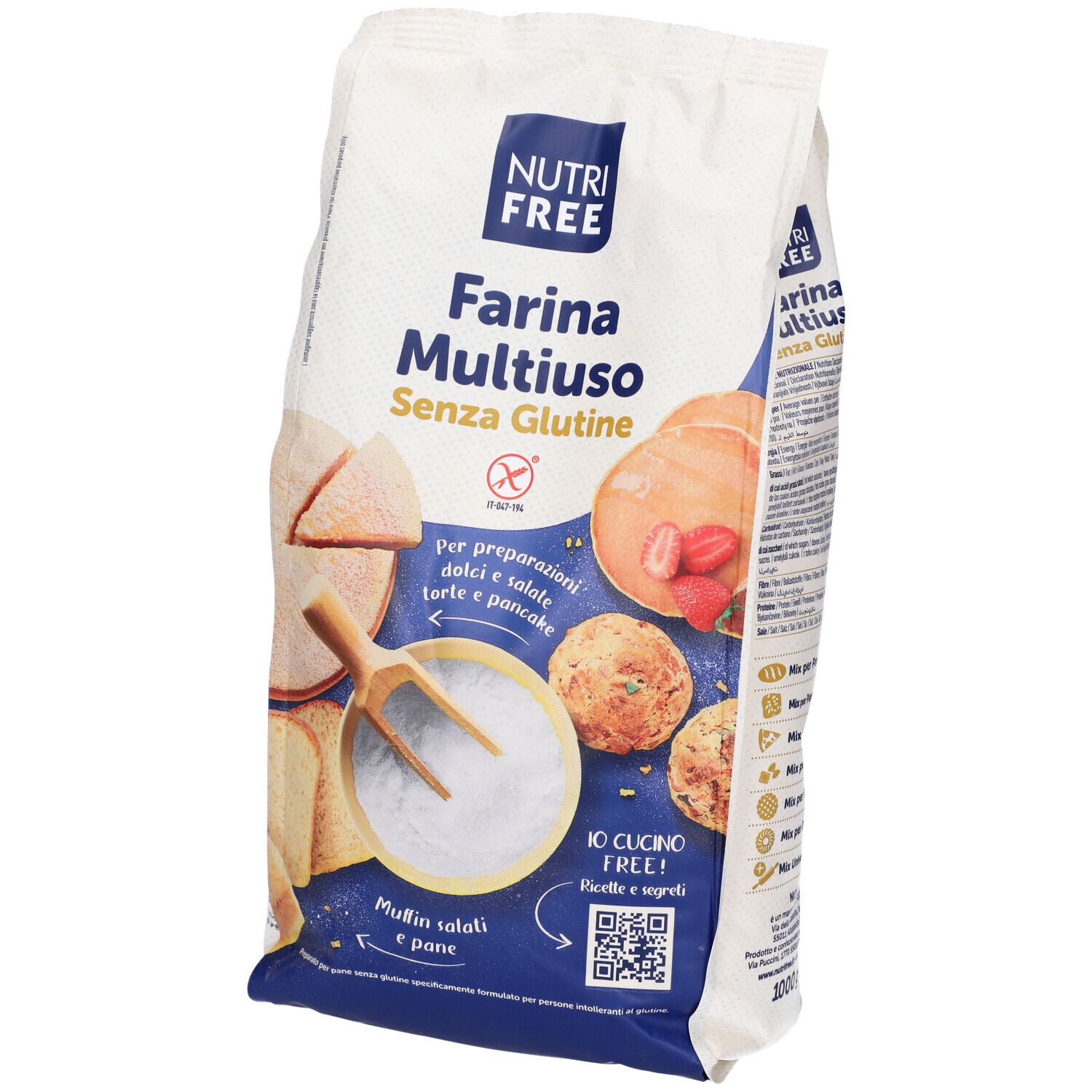 Confezione di Farina Multiuso Senza Glutine NUTRIFREE. Scritte: Farina Multiuso, Senza Glutine. Illustrazioni di prodotti da forno.
