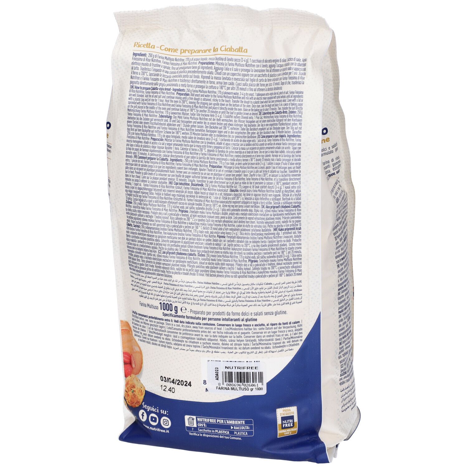 Retro della confezione di Farina Multiuso Senza Glutine NUTRIFREE. Testo multilingue. Codice a barre e data di scadenza.